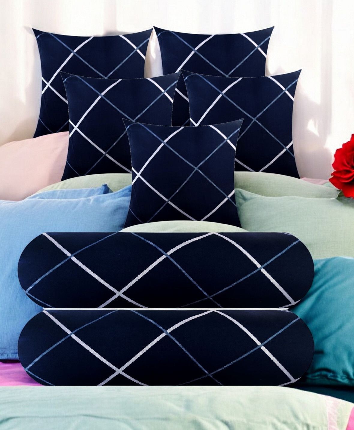 urmila creation 5 Cushion 2 Bolster Microfibre Stripes Bolster Pack of 7-picture-15