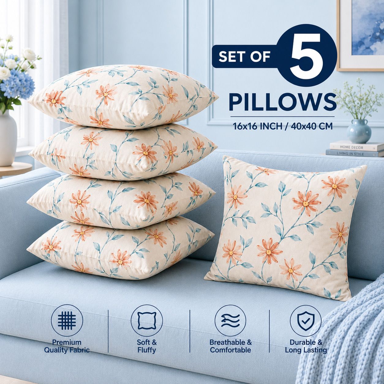 Microfibre Cushion Pack of 5 Floral Premium Cushion Set | (16x16 inch)-image-6