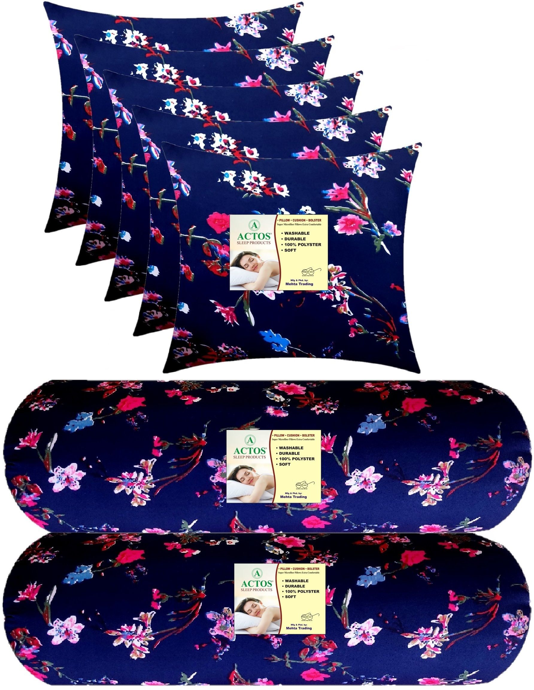Combo Set Of 5 Cushion And 2 Microfibre Floral Bolster Pack of 7
