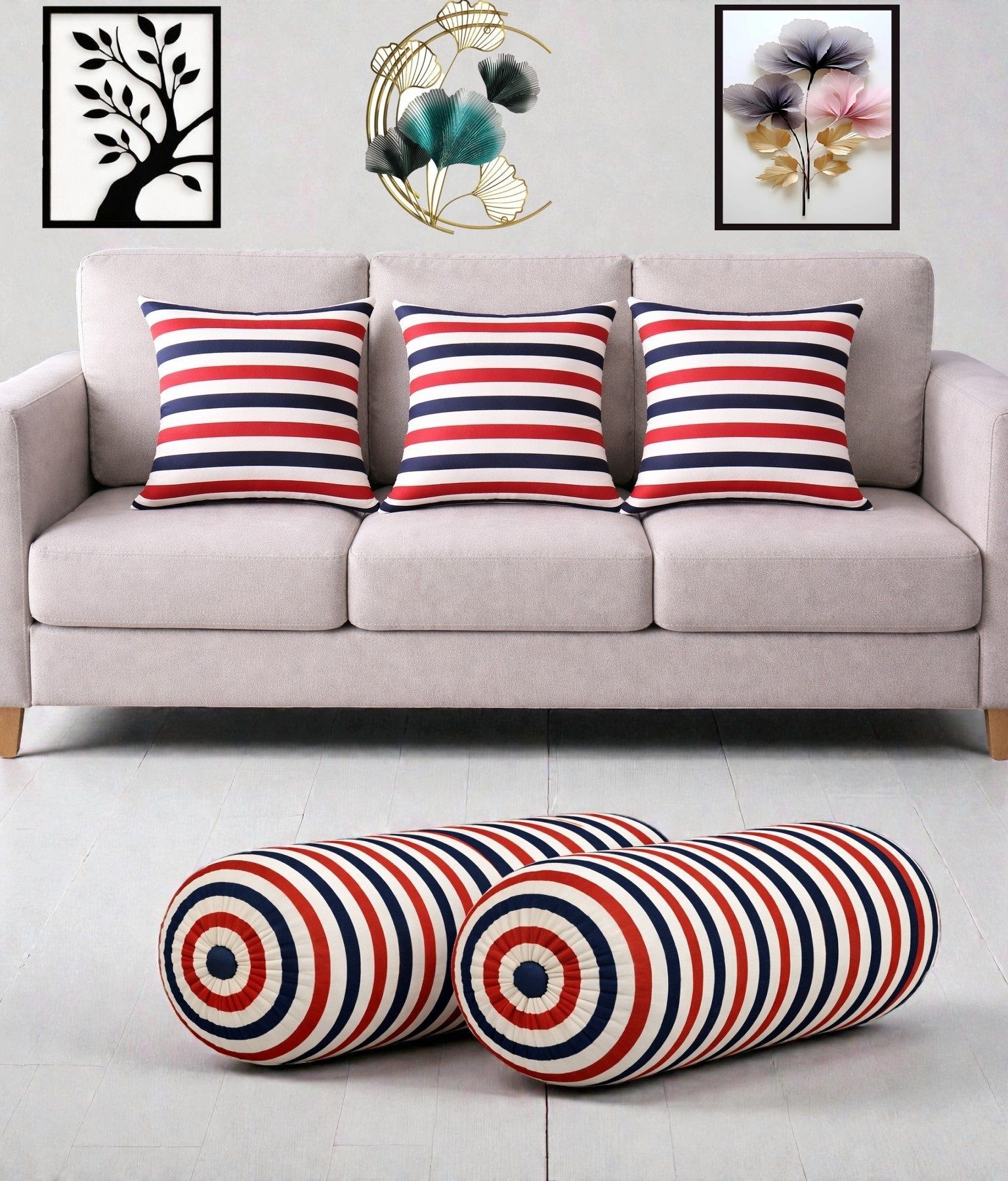 swikon star Microfibre Bolster Pack of 5 Stripes Combo Set Of 3 Cushion And 2 Bolster-picture-16
