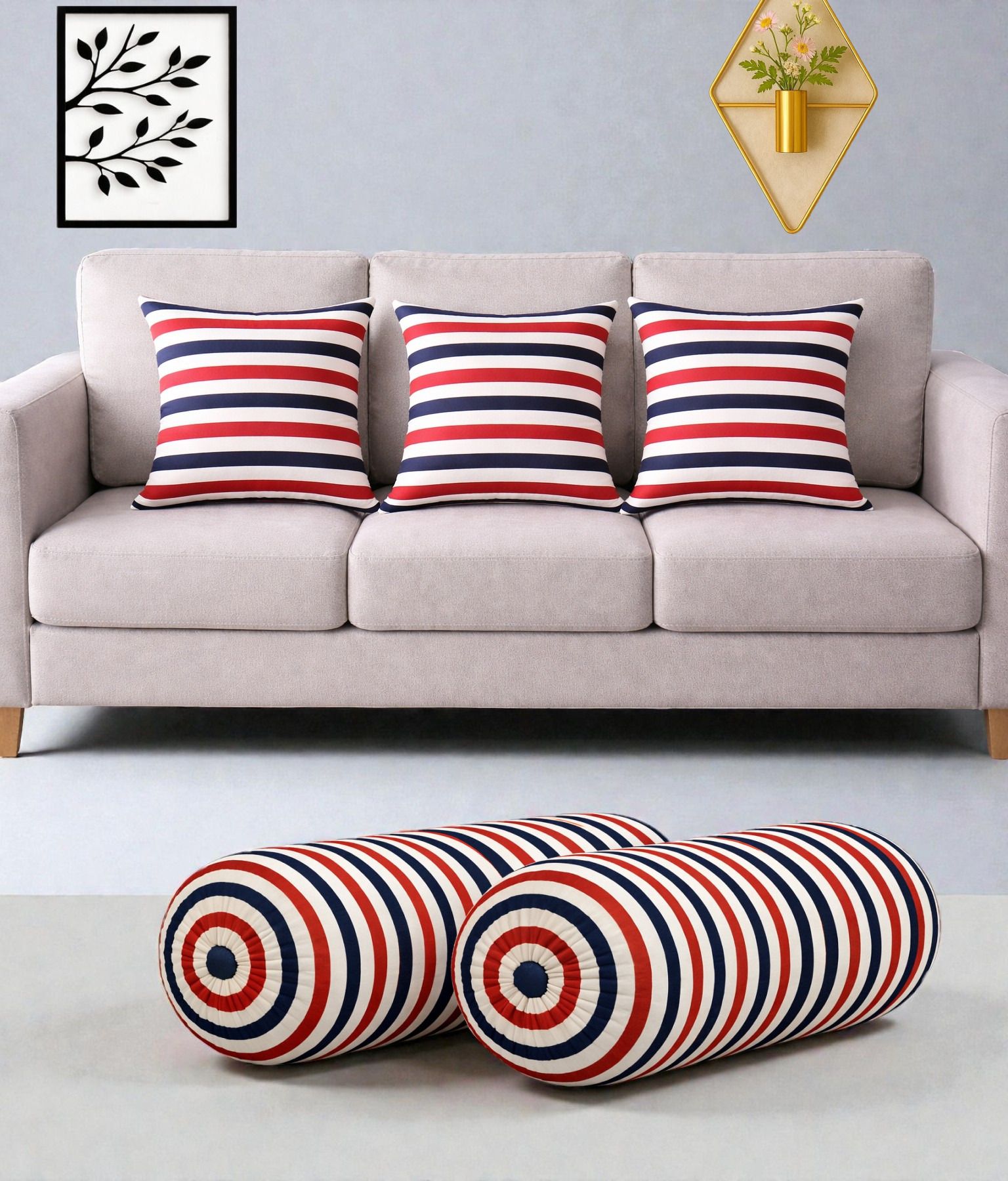 swikon star Microfibre Bolster Pack of 5 Stripes Combo Set Of 3 Cushion And 2 Bolster-picture-43