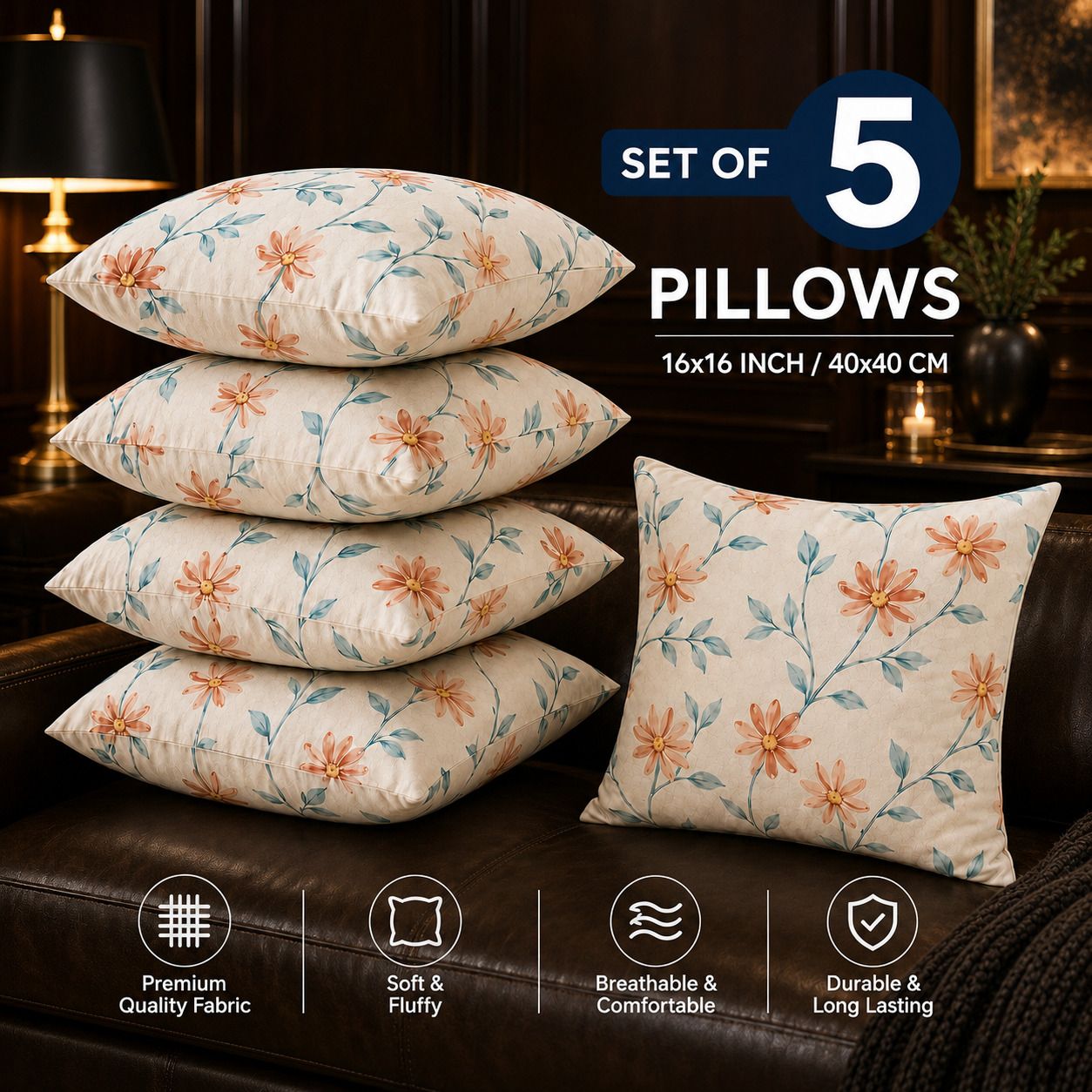 Microfibre Cushion Pack of 5 Floral Premium Cushion Set | (16x16 inch)-image-27