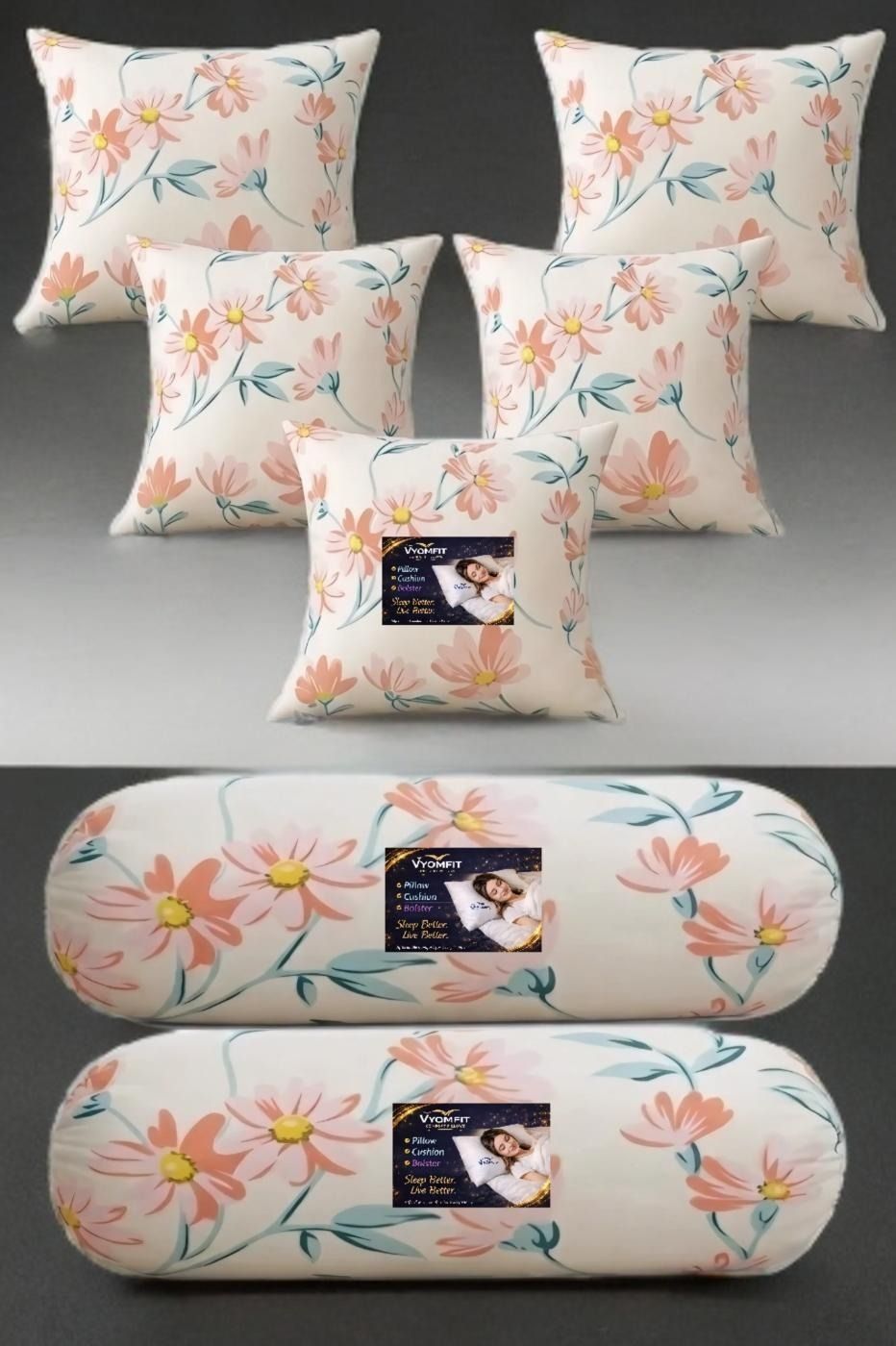 Microfibre Bolster Pack of 7 Printed Floral 5 Cushion and 2 Bolster-image-49