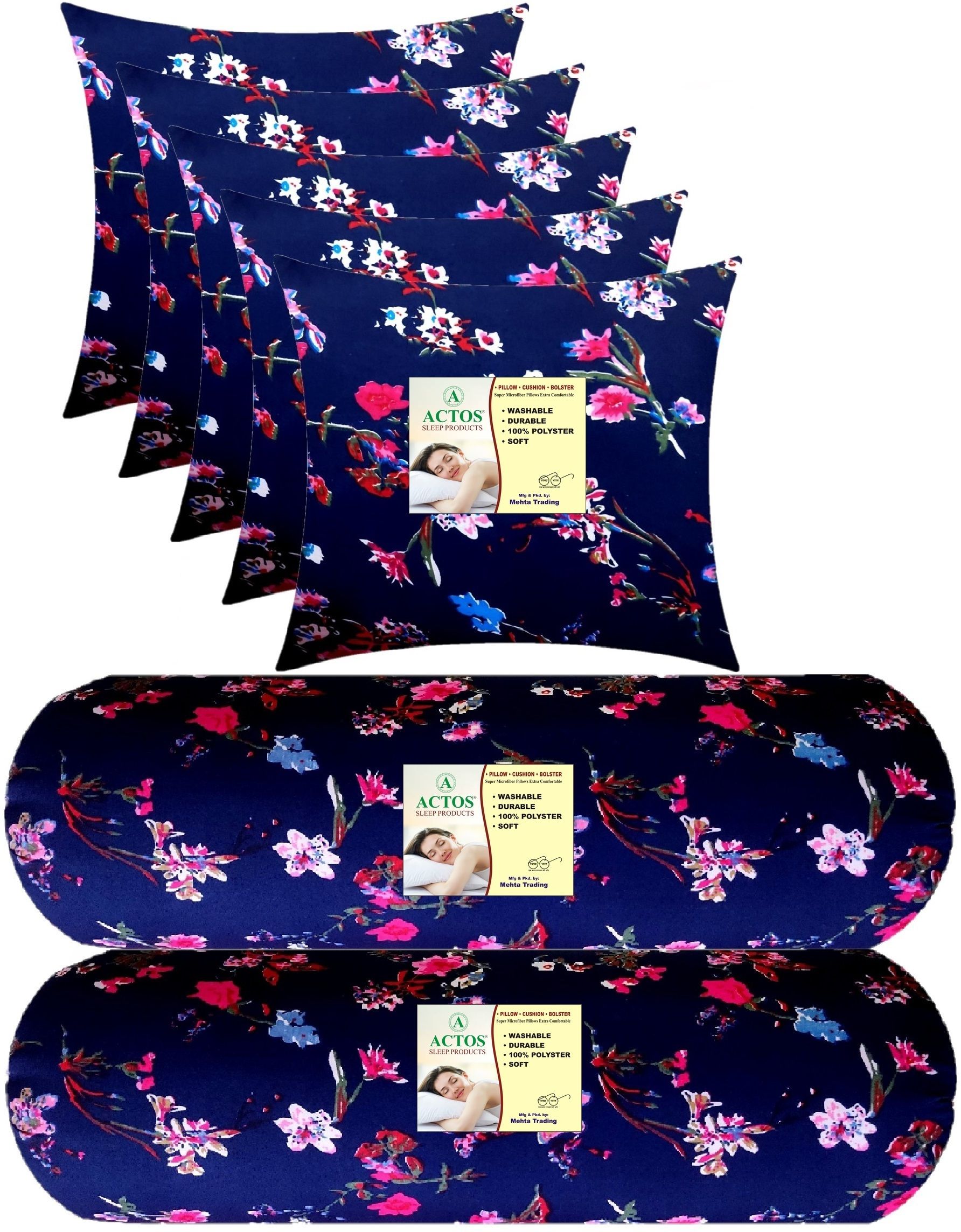 Microfibre Bolster Pack of 7 Floral Combo Set Of 5 Cushion And 2-image-10