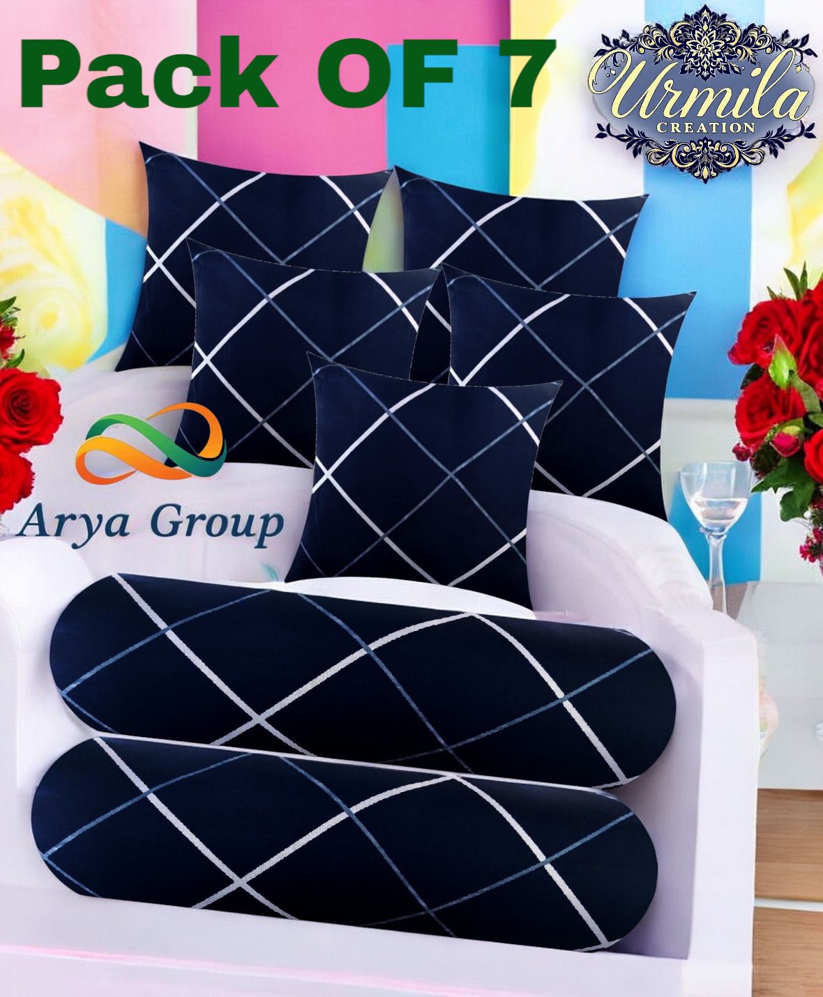 urmila creation 5 Cushion 2 Bolster Microfibre Stripes Bolster Pack of 7-picture-0