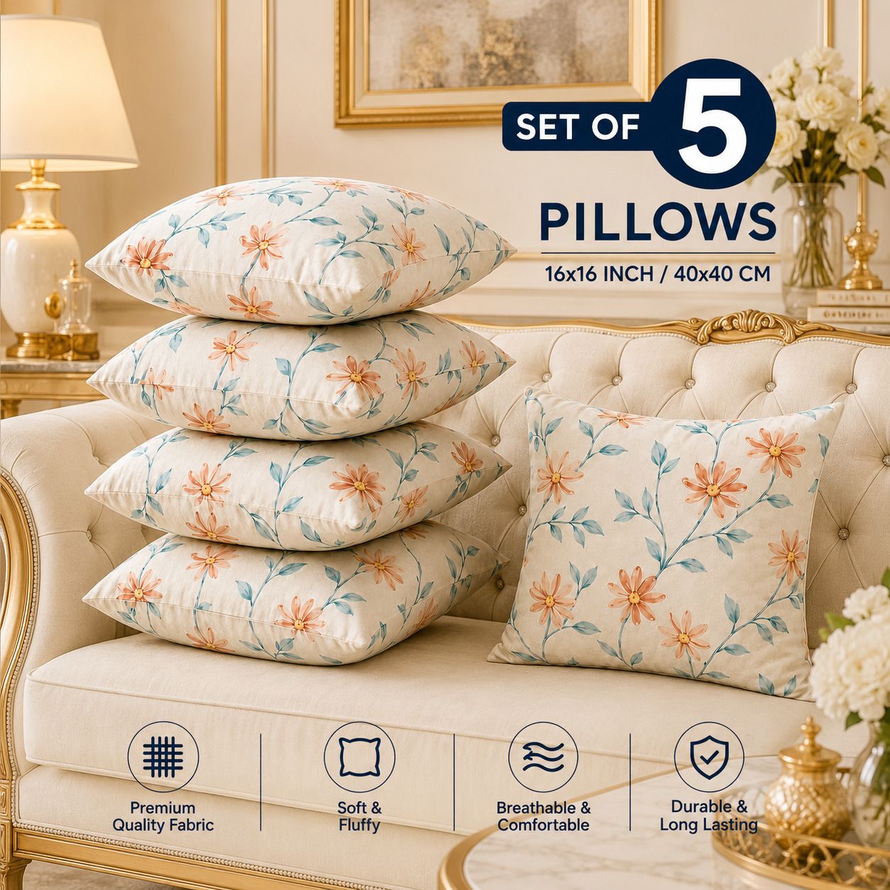 Microfibre Cushion Pack of 5 Floral Premium Cushion Set | (16x16 inch)-image-13