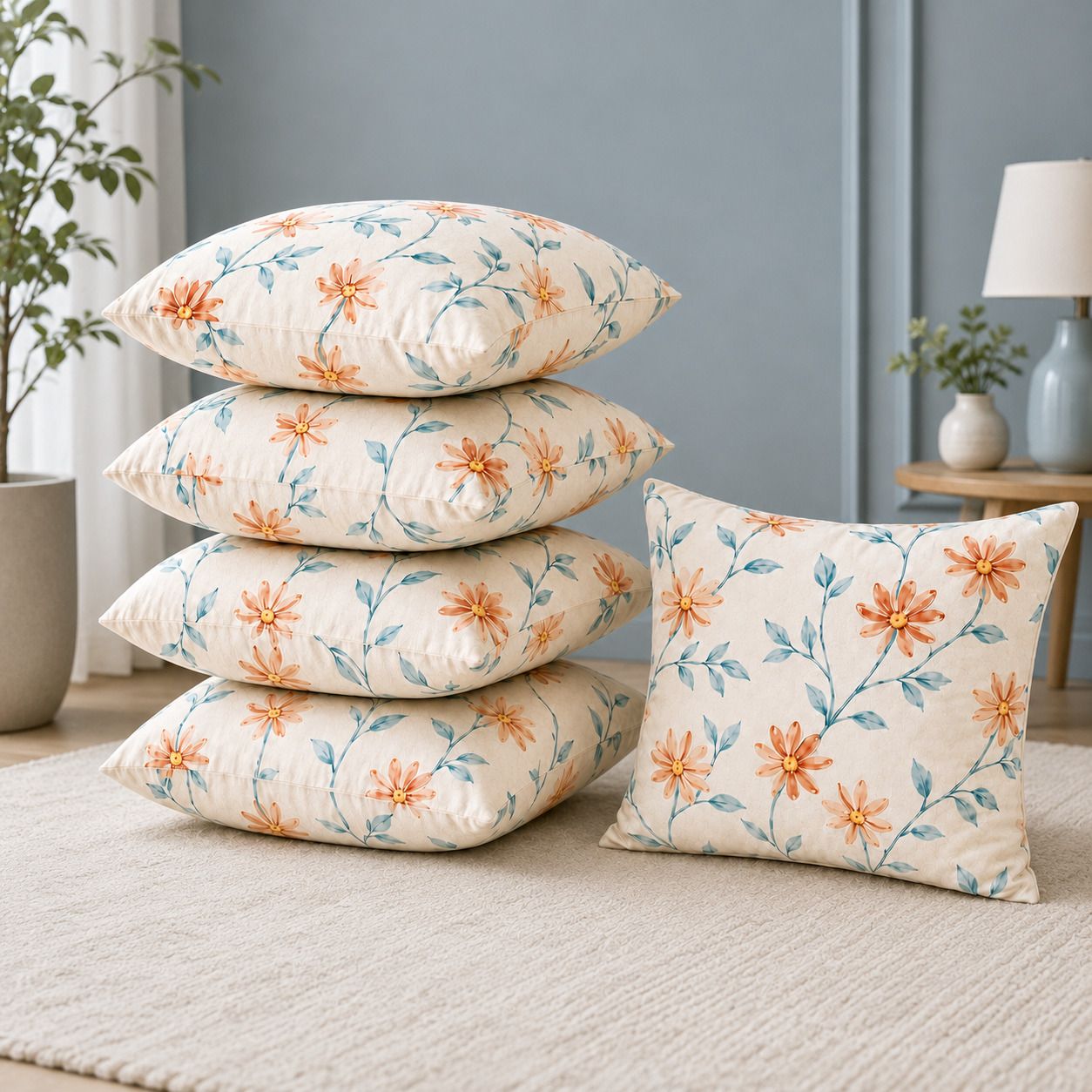 Microfibre Cushion Pack of 5 Floral Premium Cushion Set | (16x16 inch)-image-26