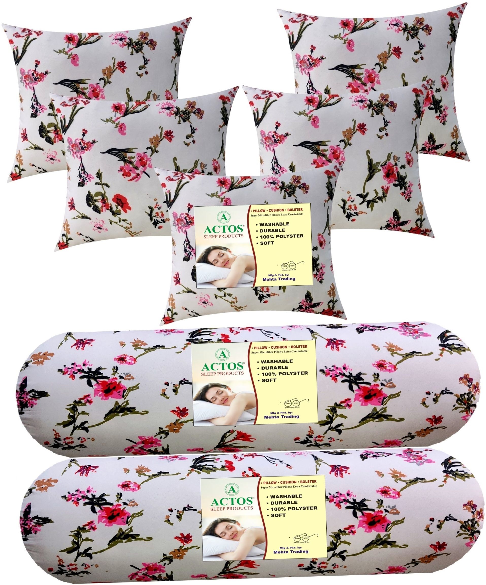 actos Combo Set Of 5 Cushion And 2 Microfibre Floral Bolster Pack of 7-picture-27