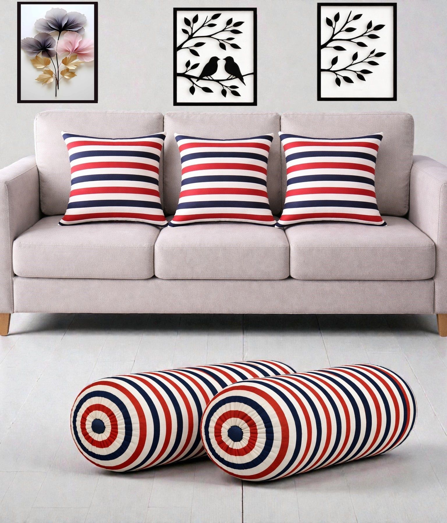 swikon star Microfibre Bolster Pack of 5 Stripes Combo Set Of 3 Cushion And 2 Bolster-picture-3