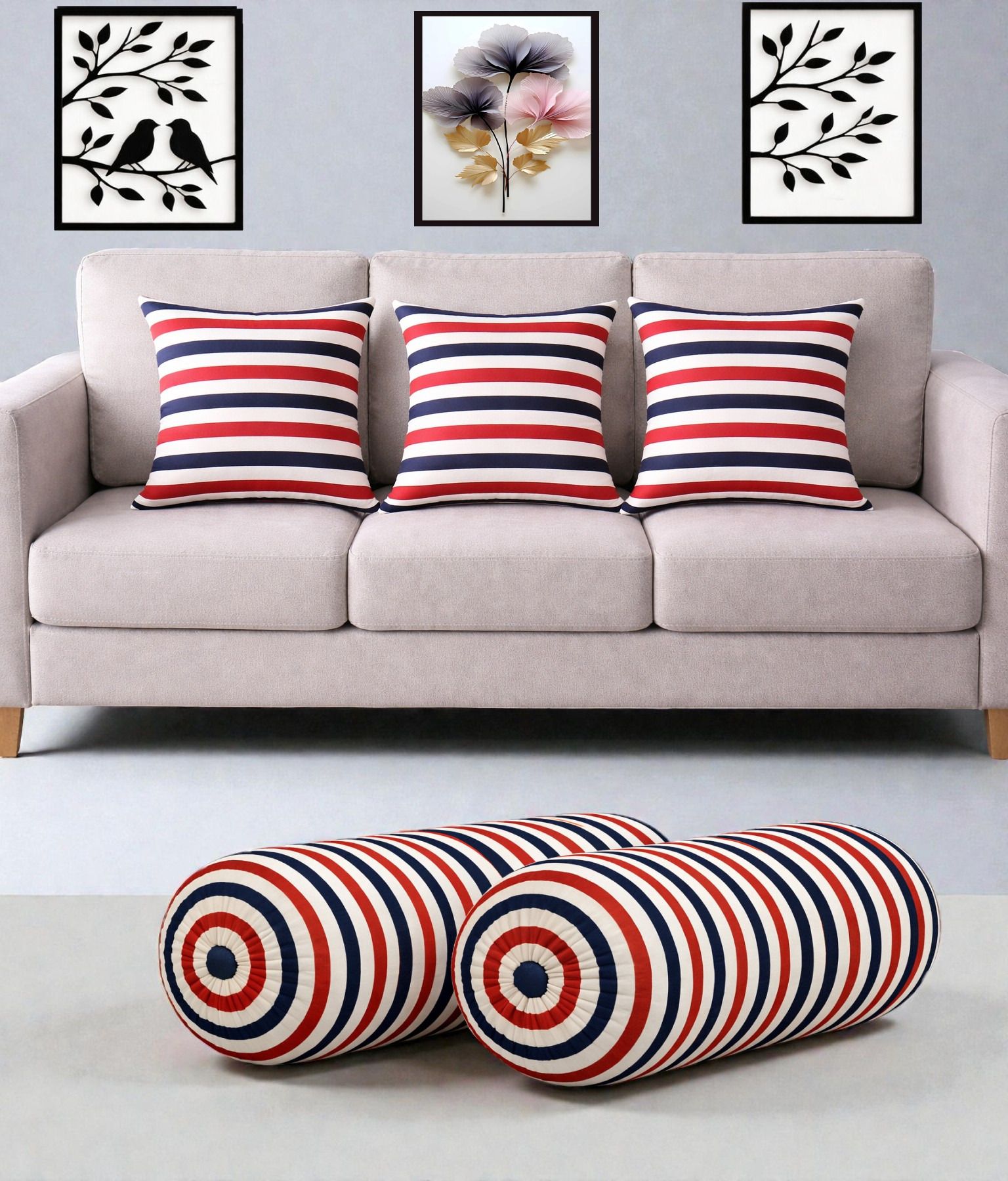 swikon star Microfibre Bolster Pack of 5 Stripes Combo Set Of 3 Cushion And 2 Bolster-picture-17