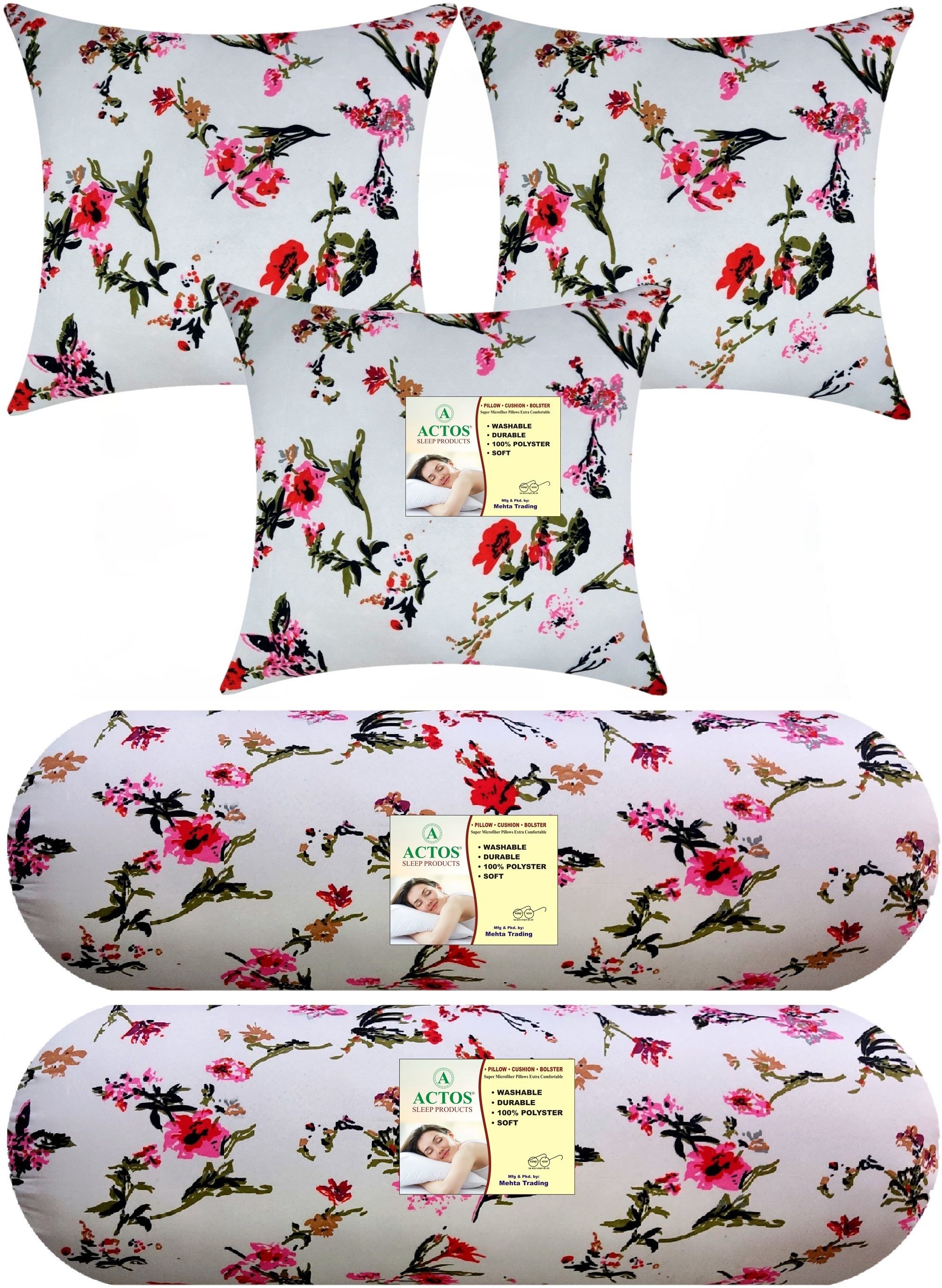 Combo Set Of 3 Cushion And 2 Microfibre Floral Bolster Pack of 5