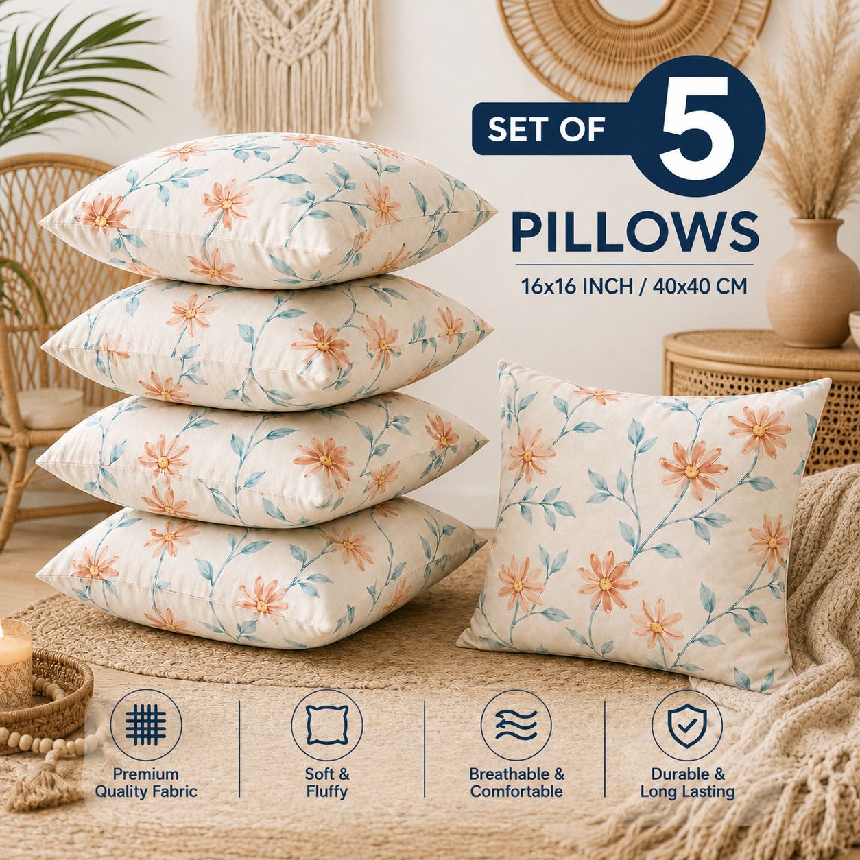 Microfibre Cushion Pack of 5 Floral Premium Cushion Set | (16x16 inch)-image-29