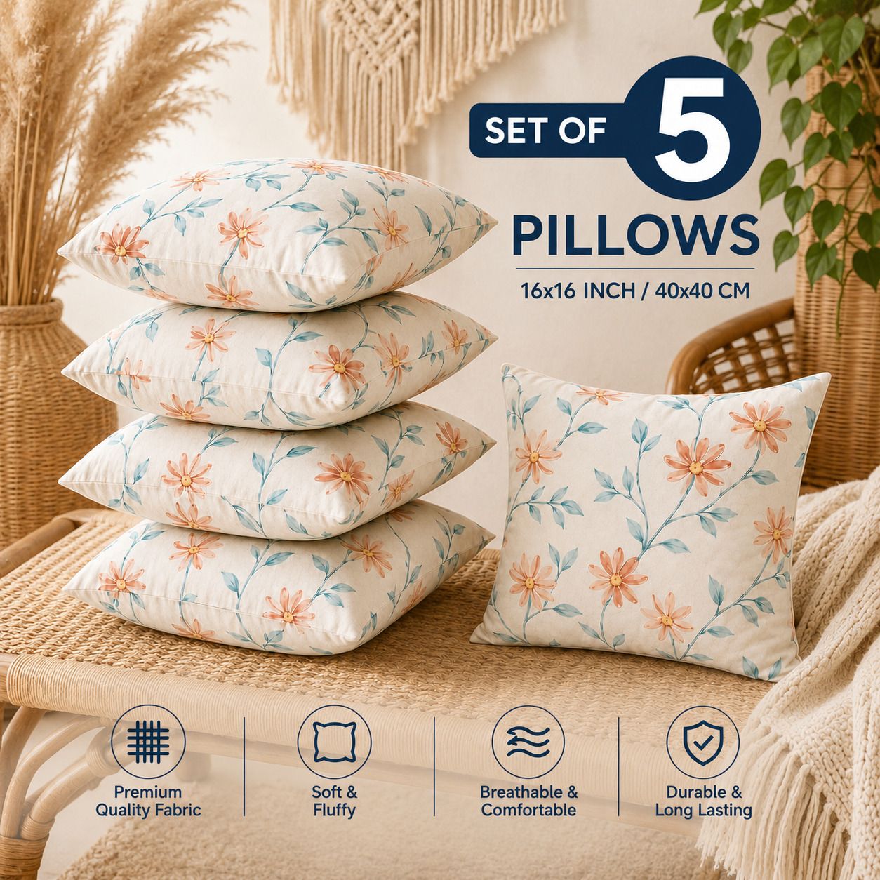 Microfibre Cushion Pack of 5 Floral Premium Cushion Set | (16x16 inch)-image-9