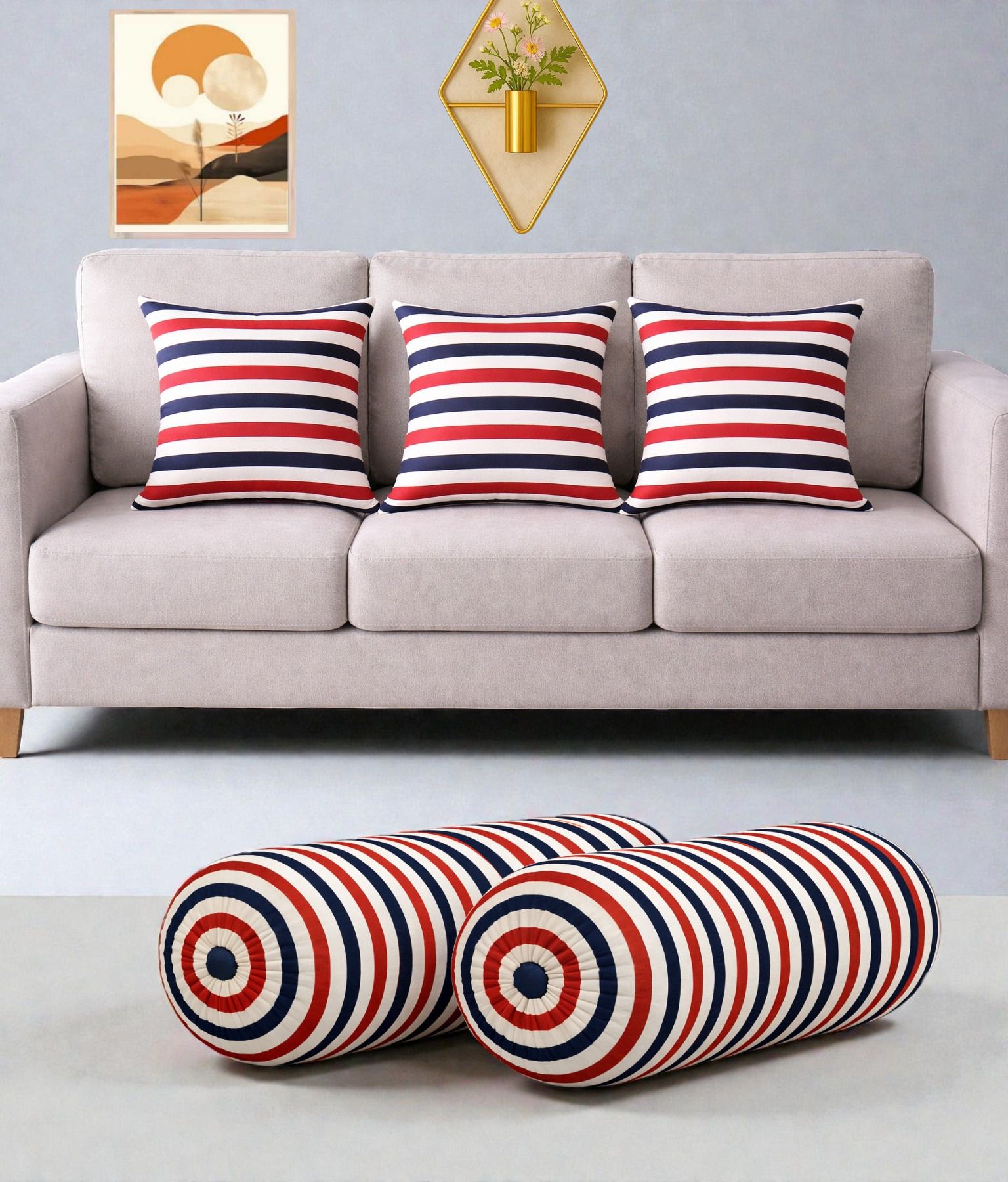 swikon star Microfibre Bolster Pack of 5 Stripes Combo Set Of 3 Cushion And 2 Bolster-picture-47