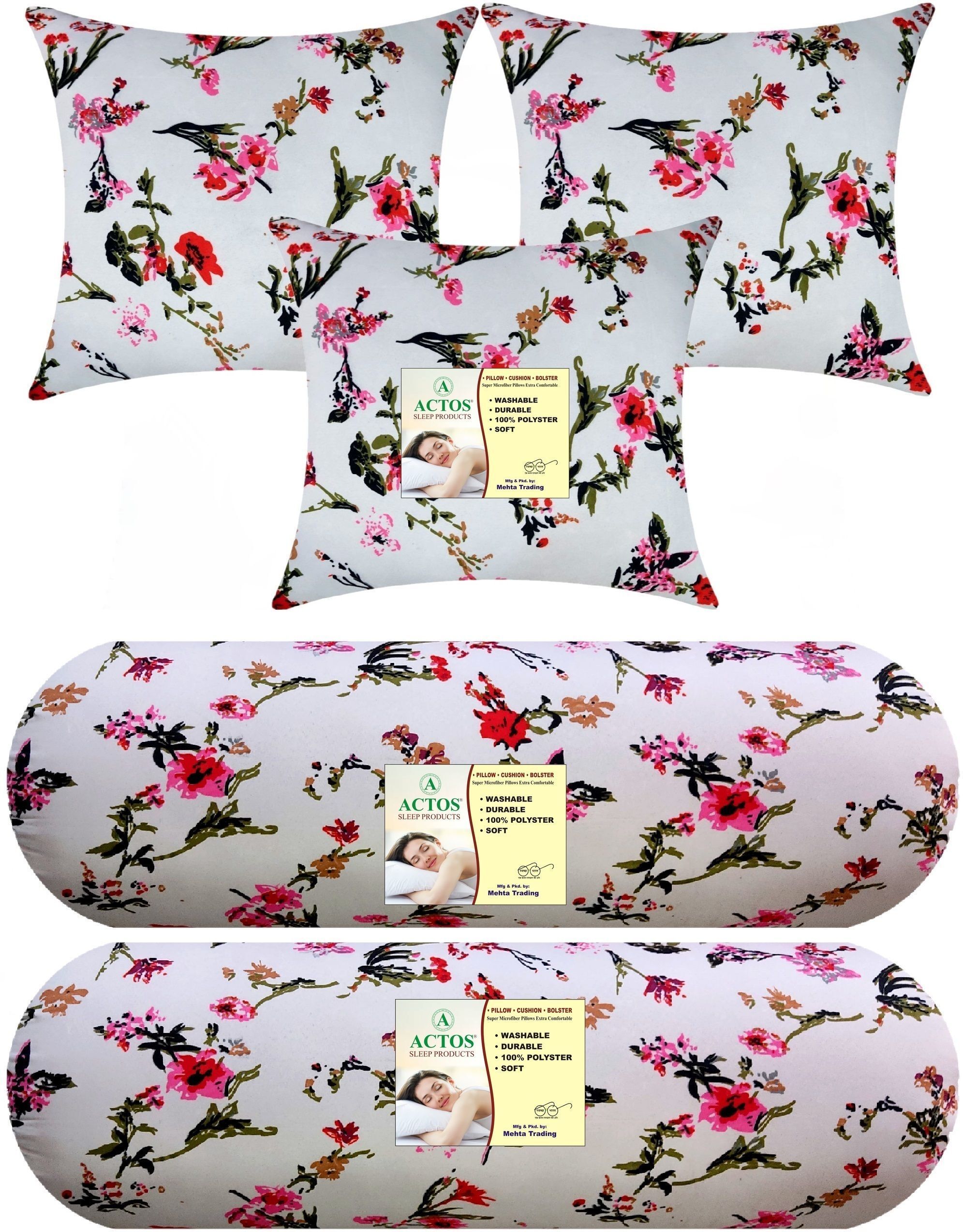 Microfibre Bolster Pack of 5 Floral Combo Set Of 3 Cushion And 2-image-17