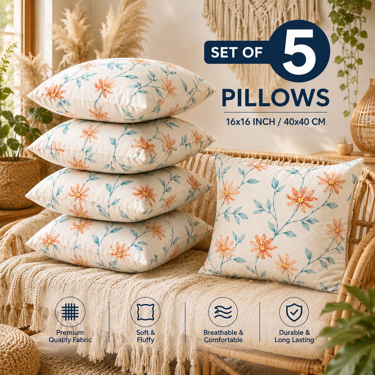 Microfibre Cushion Pack of 5 Floral Premium Cushion Set | (16x16 inch)-image-33