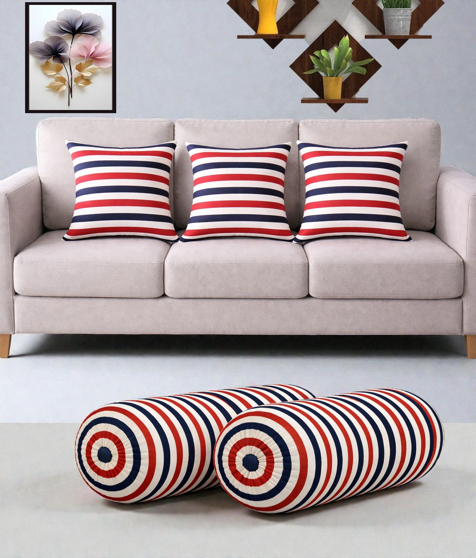 swikon star Microfibre Bolster Pack of 5 Geometric Combo Set Of 3 Cushion And 2 Bolster-picture-0