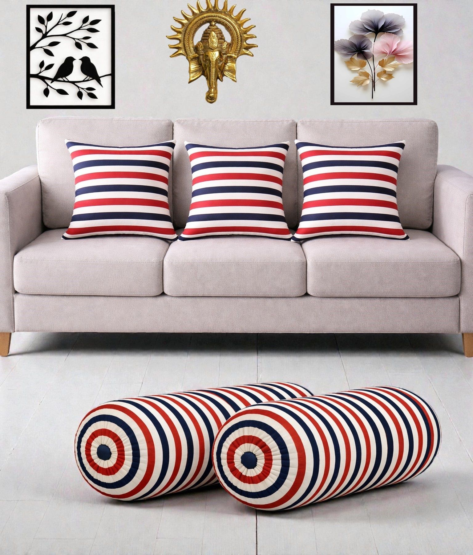 swikon star Microfibre Bolster Pack of 5 Stripes Combo Set Of 3 Cushion And 2 Bolster-picture-42