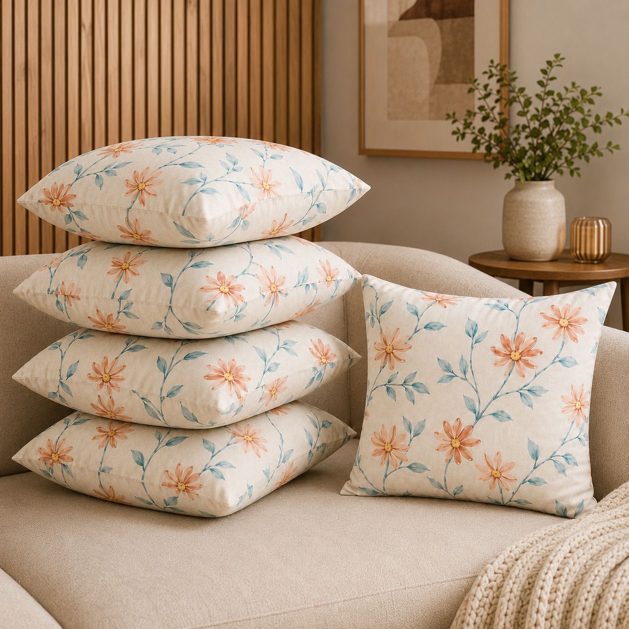 Microfibre Cushion Pack of 5 Floral Premium Cushion Set | (16x16 inch)-image-25