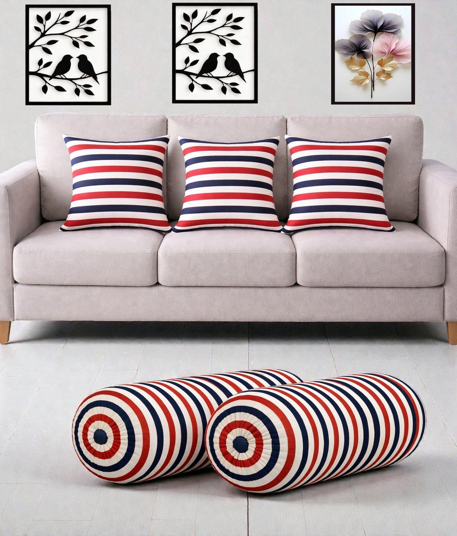 swikon star Microfibre Bolster Pack of 5 Stripes Combo Set Of 3 Cushion And 2 Bolster-picture-44