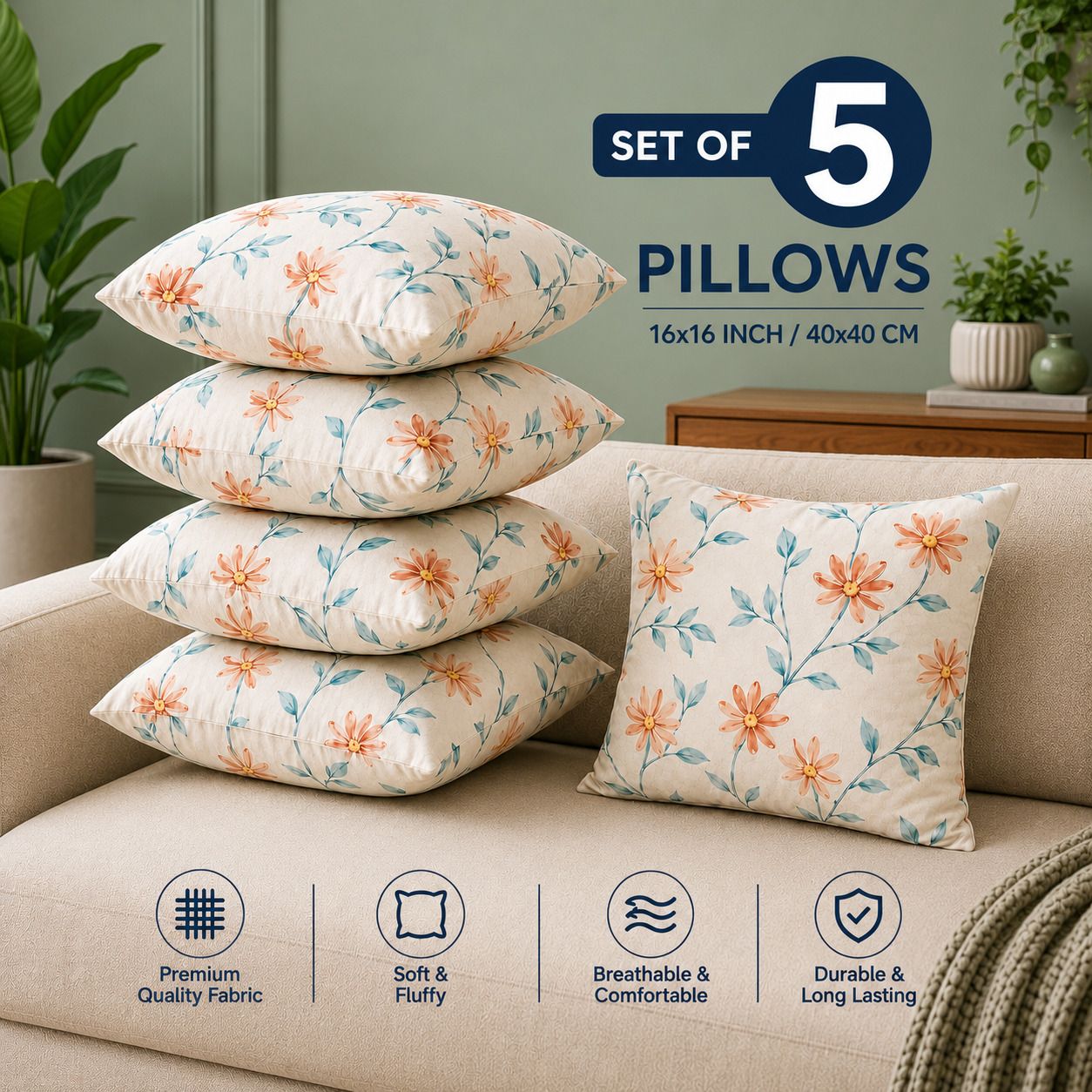 Microfibre Cushion Pack of 5 Floral Premium Cushion Set | (16x16 inch)-image-31