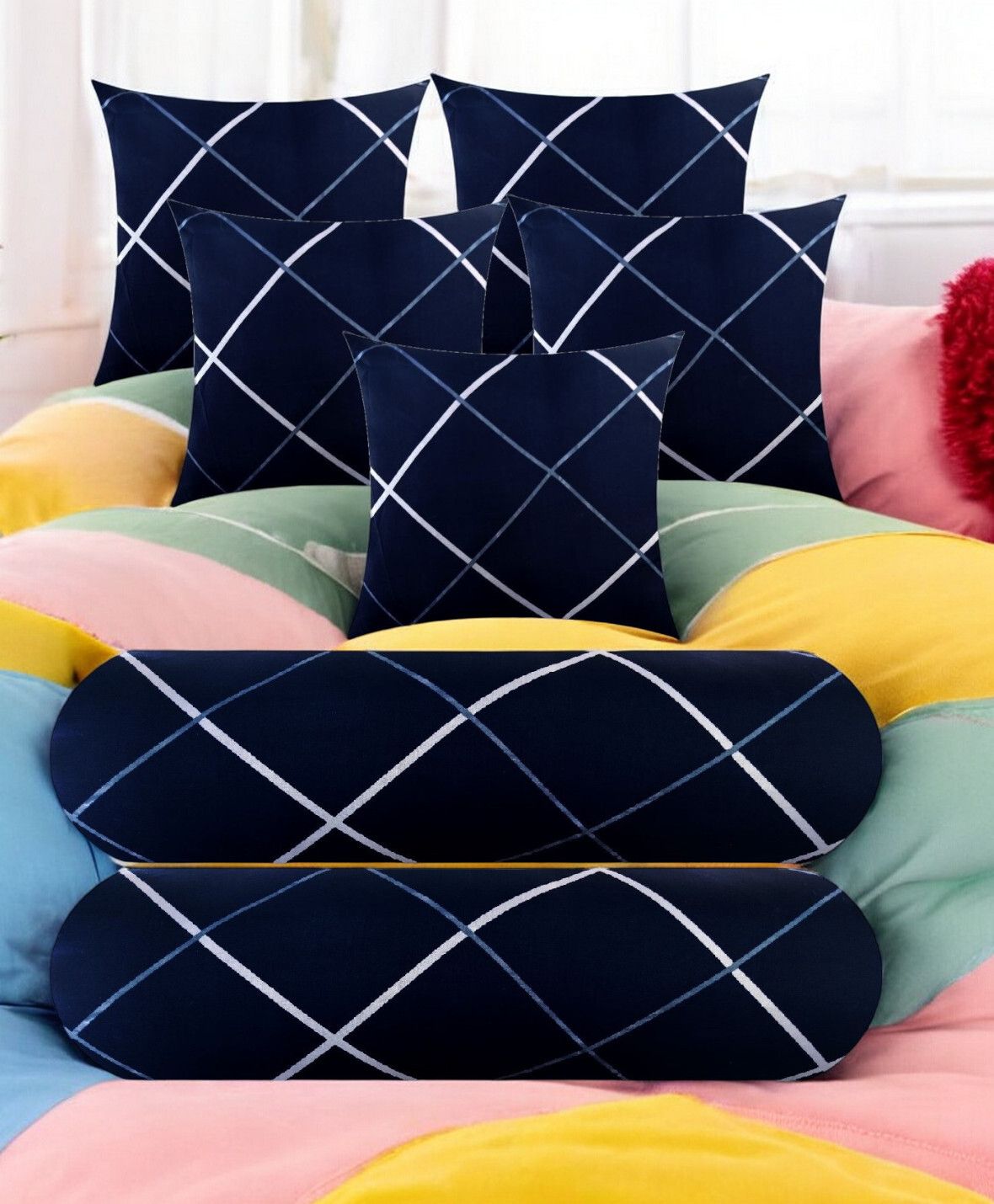 urmila creation 5 Cushion 2 Bolster Microfibre Stripes Bolster Pack of 7-picture-1