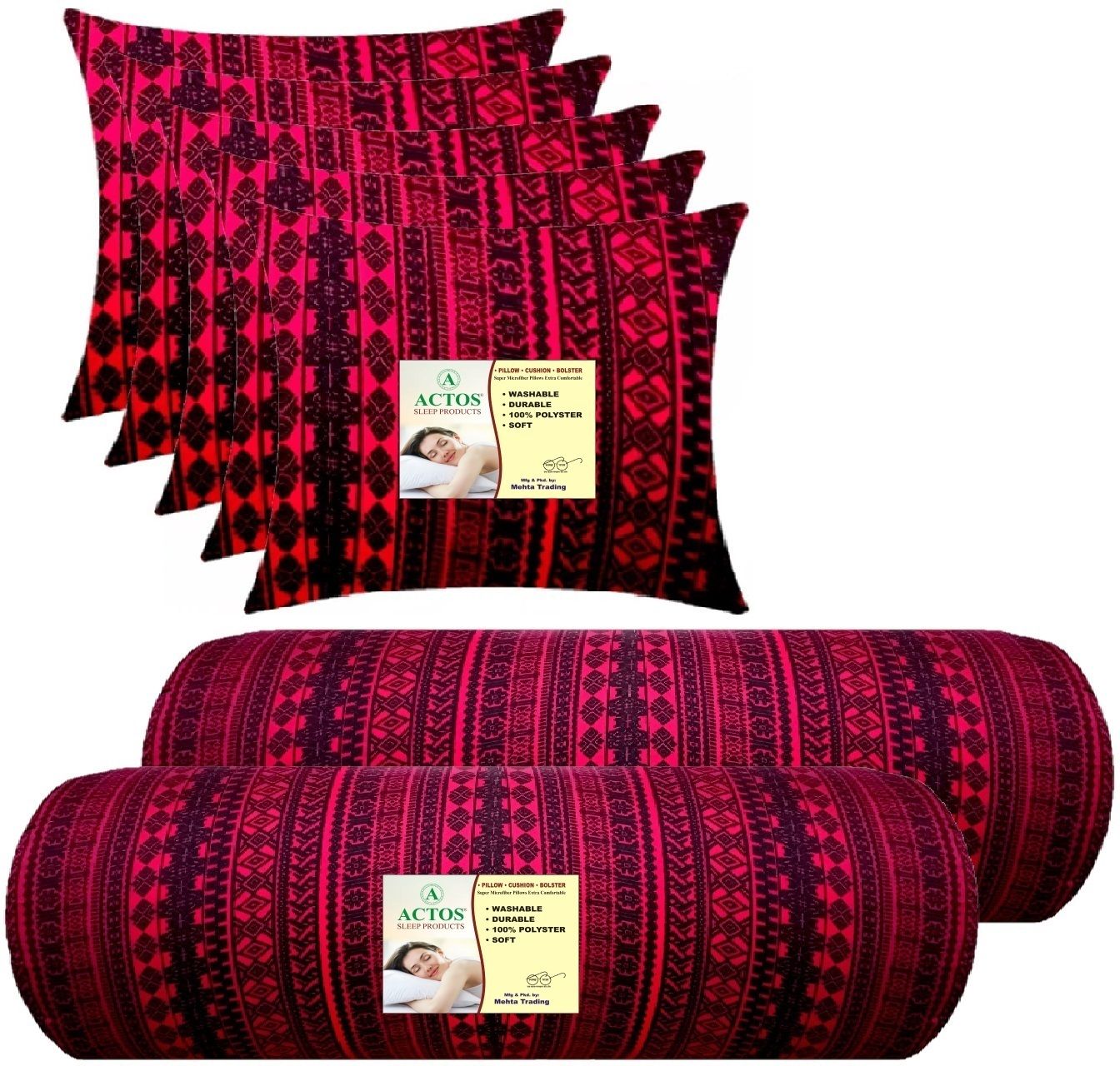 5 Cushion And 2 Microfibre Geometric Bolster Pack of 7