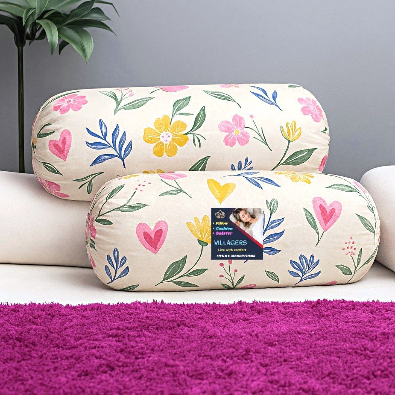 Microfibre Bolster Pack of 2 Floral Floral Heart Printed