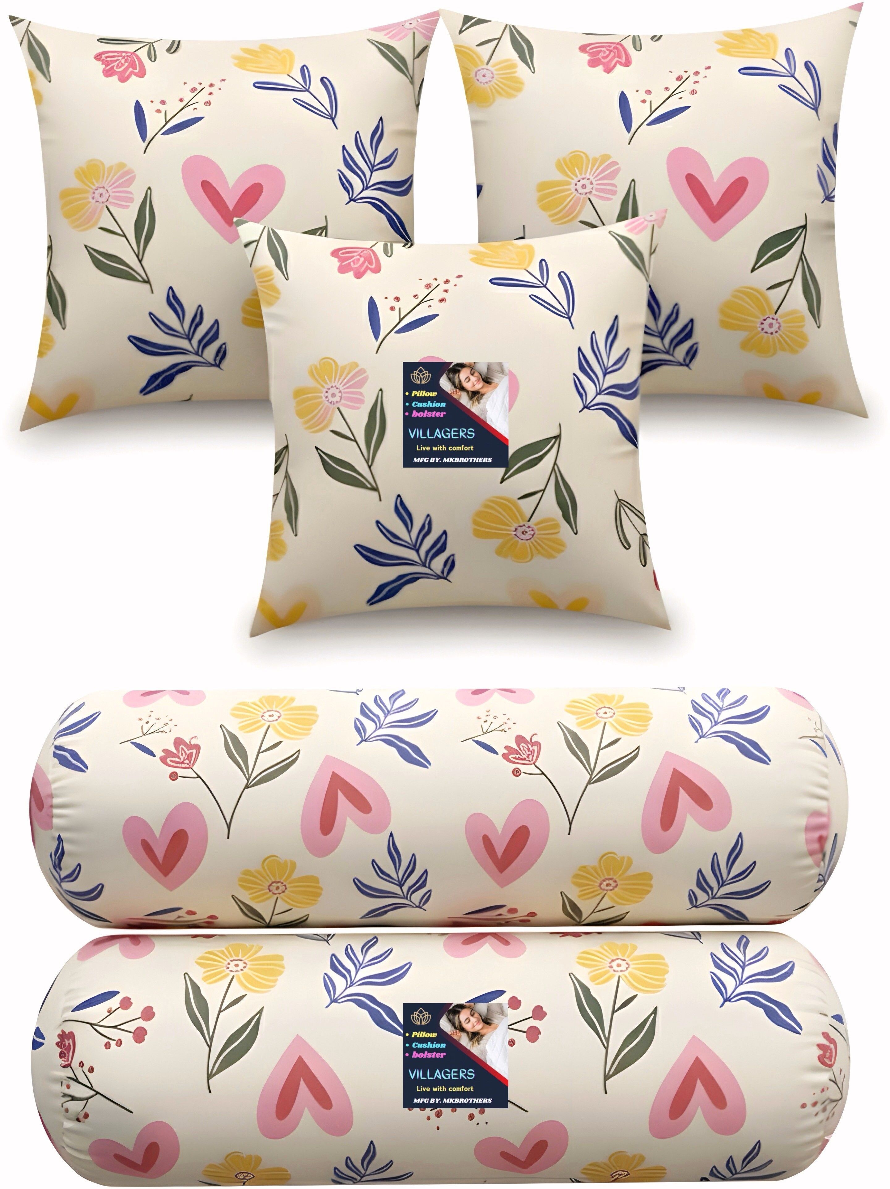 Microfibre Bolster Pack of 5 Floral 3 Cushion and 2 Bolster