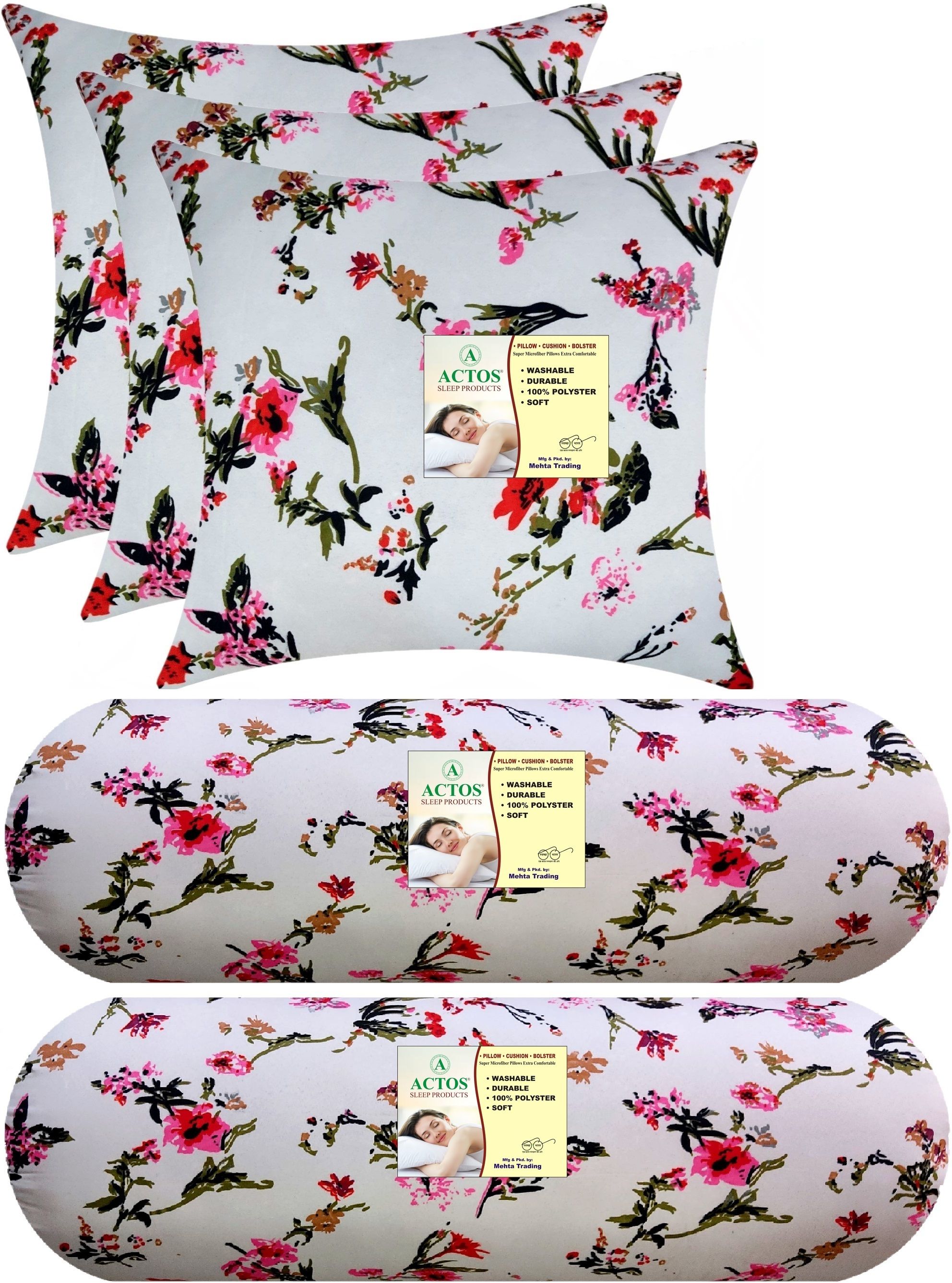 actos Combo Set Of 3 Cushion And 2 Microfibre Floral Bolster Pack of 5-picture-21