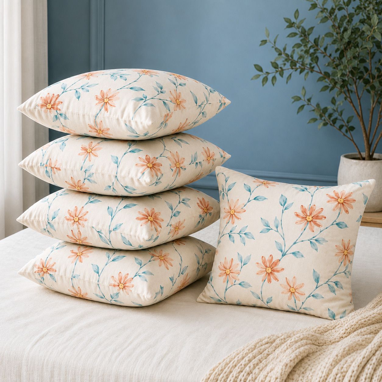 Microfibre Cushion Pack of 5 Floral Premium Cushion Set | (16x16 inch)-image-17