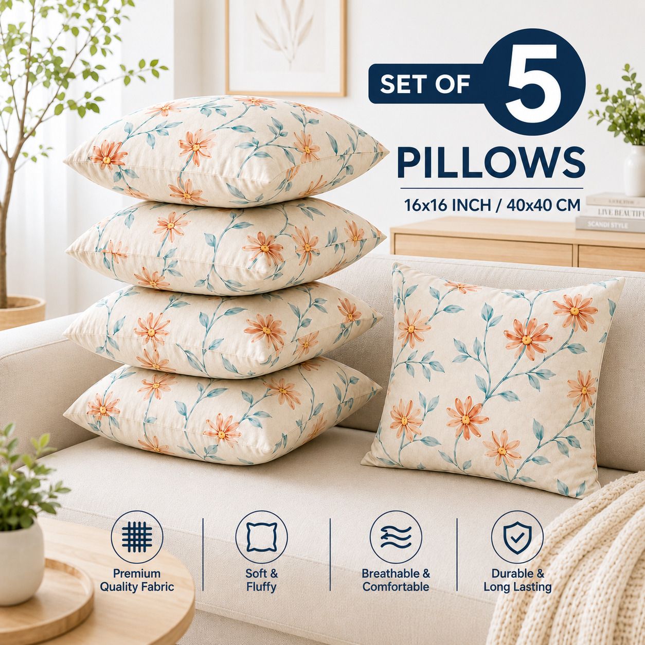 Microfibre Cushion Pack of 5 Floral Premium Cushion Set | (16x16 inch)-image-7