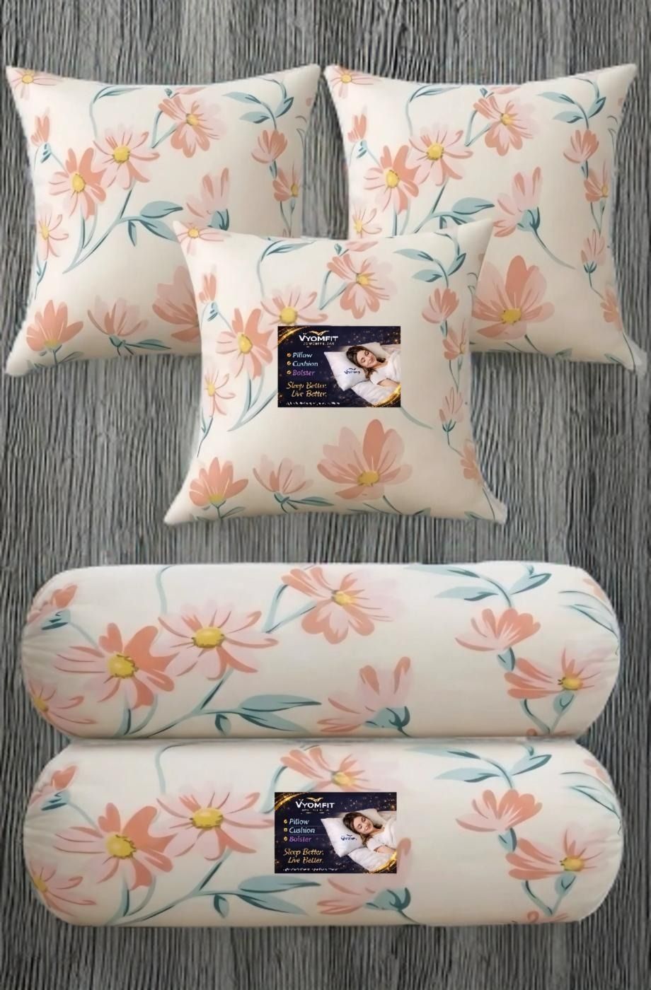 Microfibre Bolster Pack of 5 Printed Floral 3 Cushion and 2 Bolster-image-19