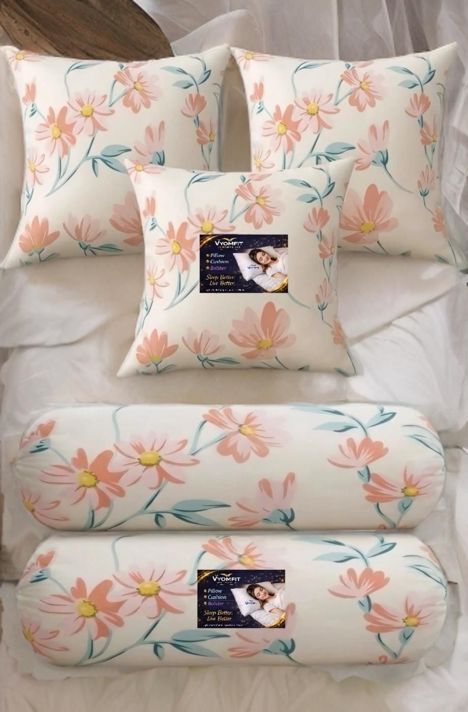 Microfibre Bolster Pack of 5 Printed Floral 3 Cushion and 2 Bolster-image-48