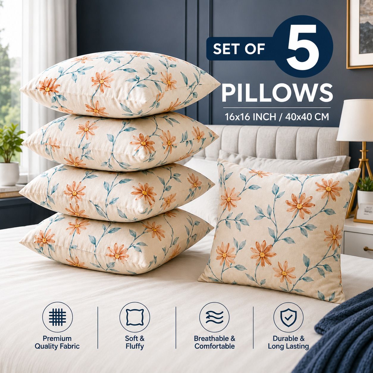 Microfibre Cushion Pack of 5 Floral Premium Cushion Set | (16x16 inch)-image-34