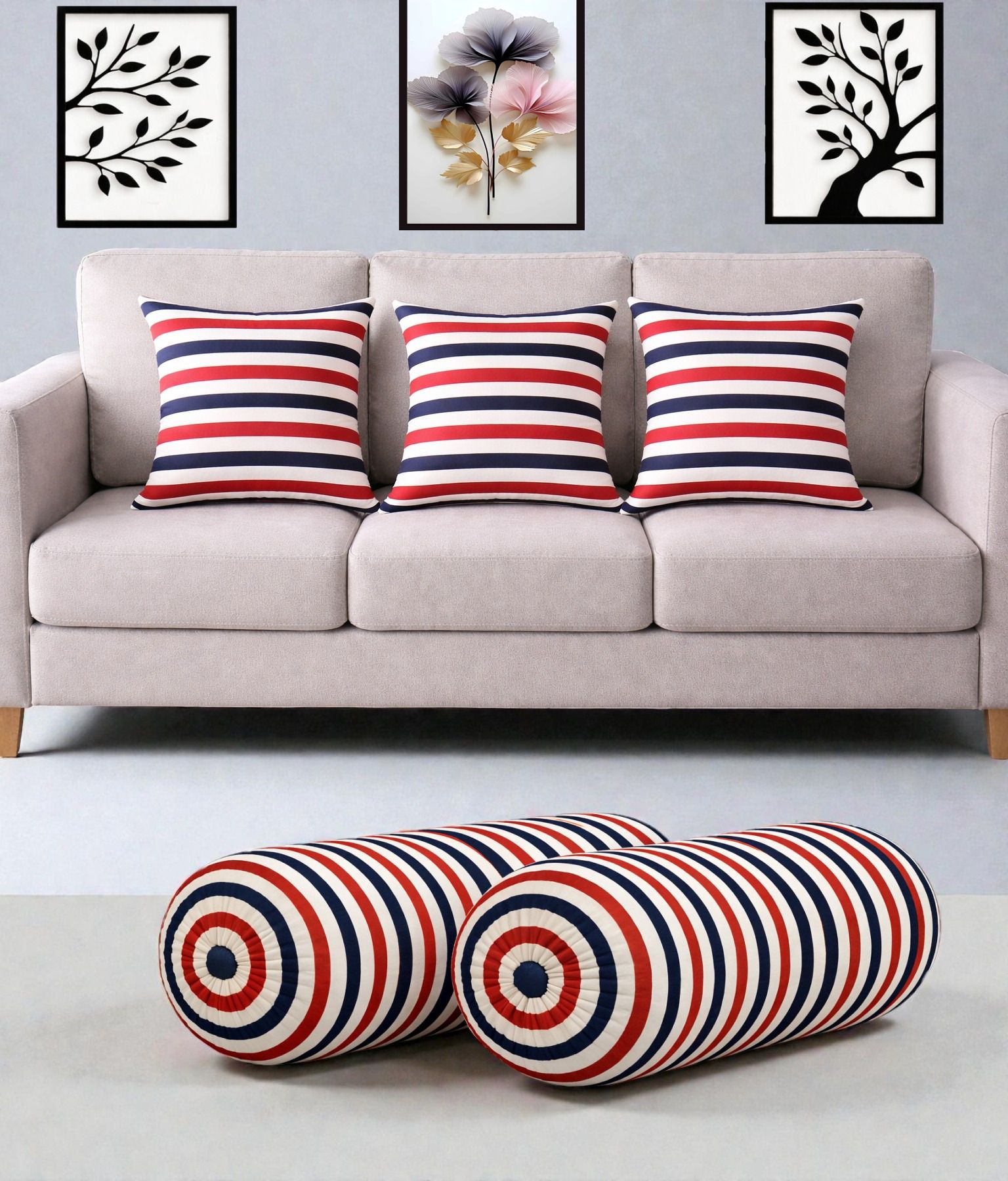 swikon star Microfibre Bolster Pack of 5 Stripes Combo Set Of 3 Cushion And 2 Bolster-picture-13