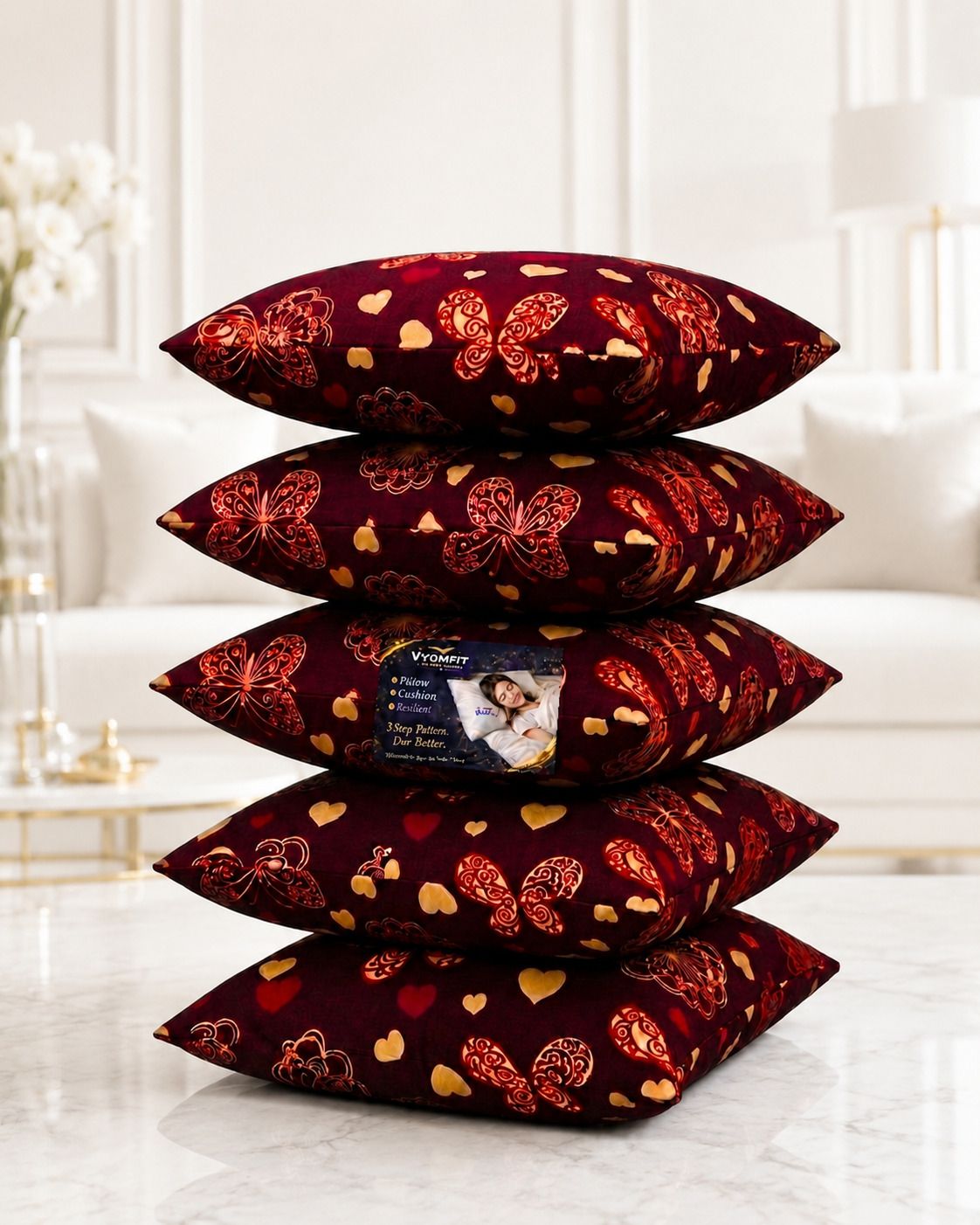 Microfibre Cushion Pack of 5 Printed Premium Cushion Set | (16x16 inch)-image-40