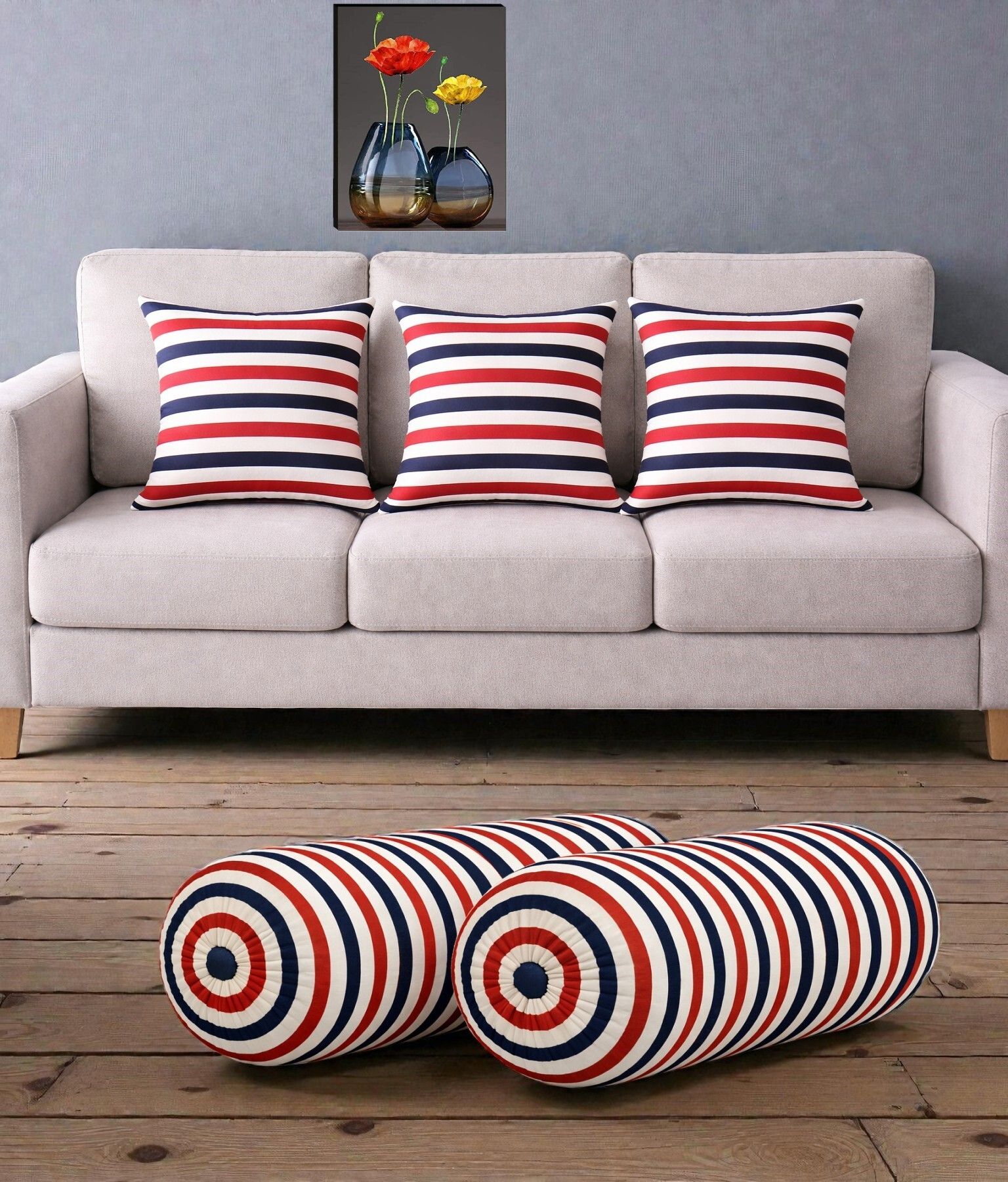swikon star Microfibre Bolster Pack of 5 Stripes Combo Set Of 3 Cushion And 2 Bolster-picture-37