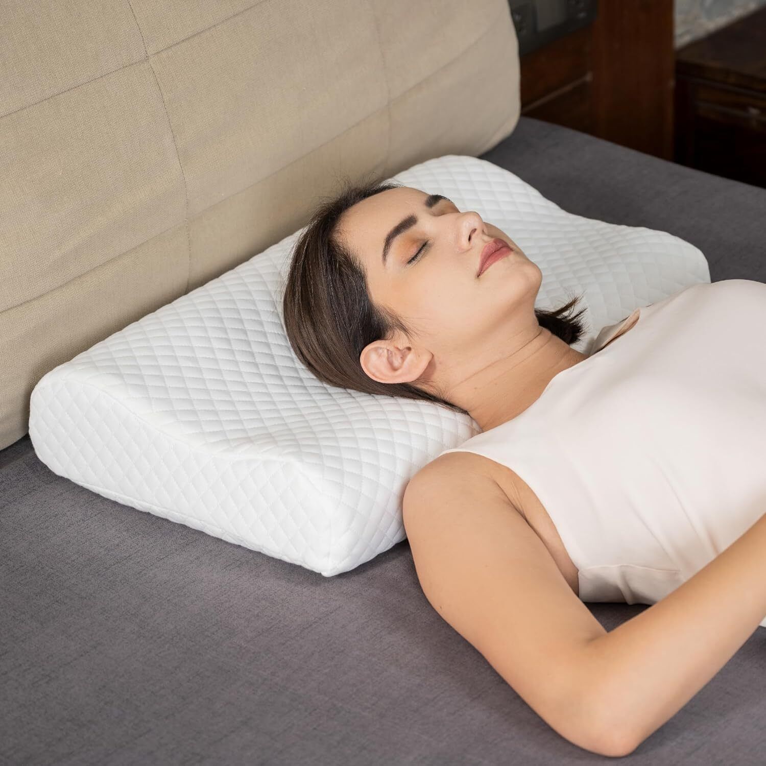 Cervical Contour Memory Foam Pillow, Stomached, Anti-Snoring, Side Sleepers Cotton Solid Orthopaedic Pillow Pack of 1-image-4
