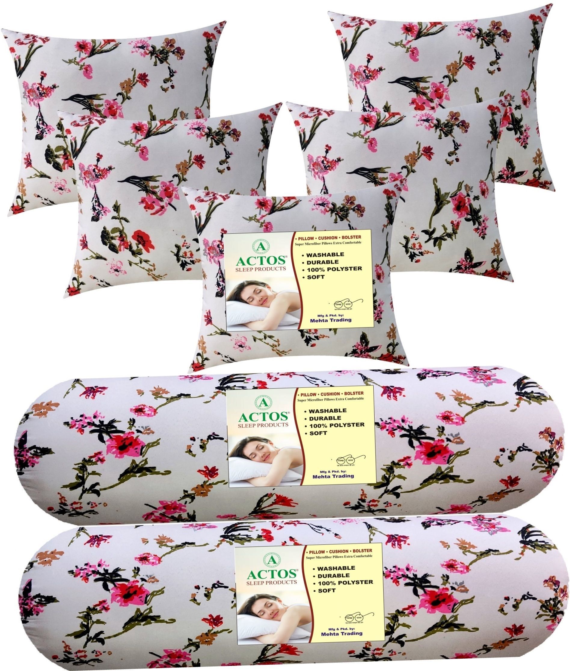 Microfibre Bolster Pack of 7 Floral Combo Set Of 5 Cushion And 2-image-11