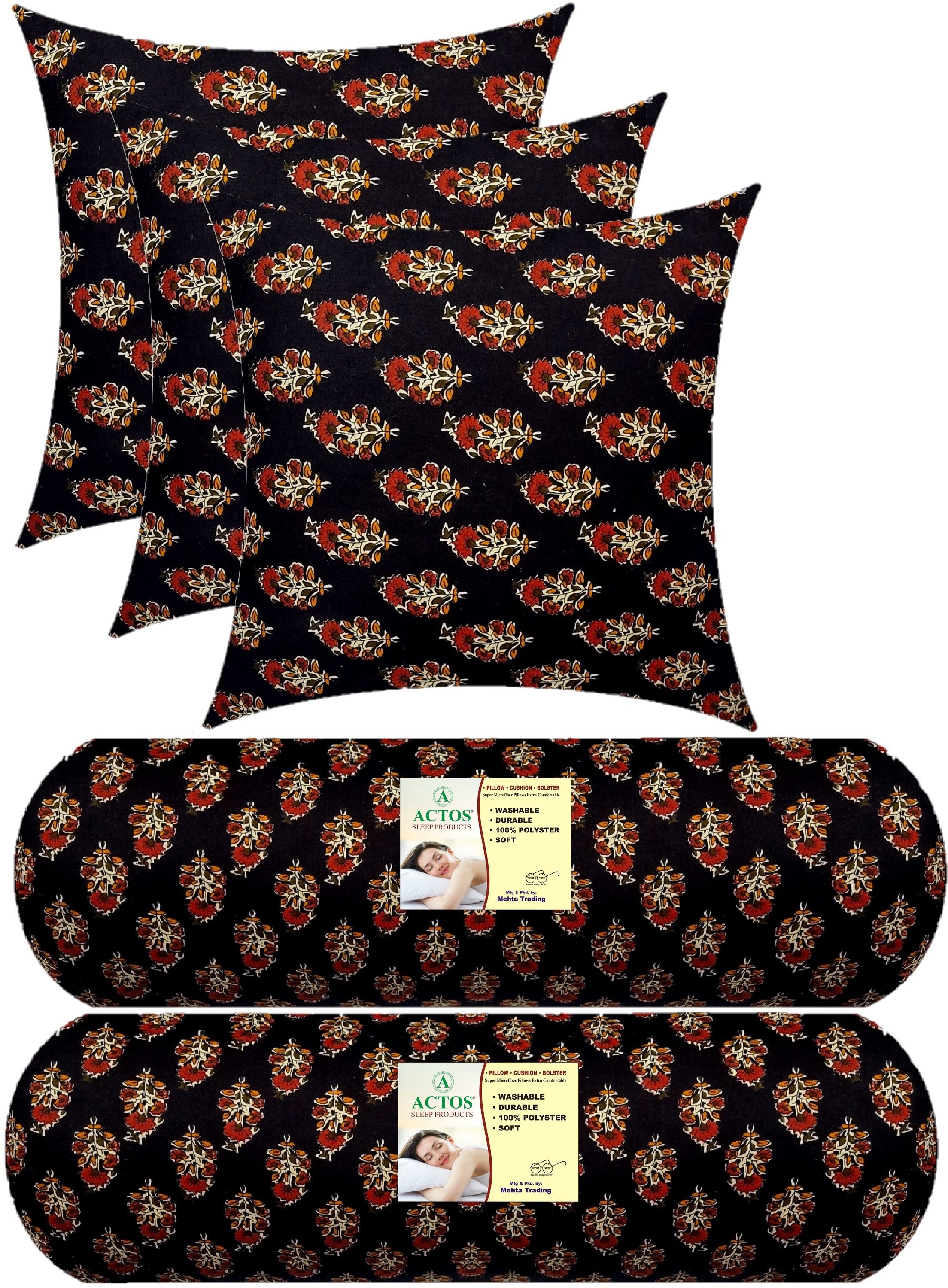 Microfibre Bolster Pack of 5 Floral 3 Cushion And 2-image-34