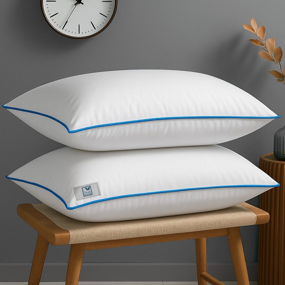 the wood white india Basic White sleep well Pillow in 41 x 61 cm with Blue Border Polyester Fibre Solid Sleeping Pillow Pack of 2-picture-31