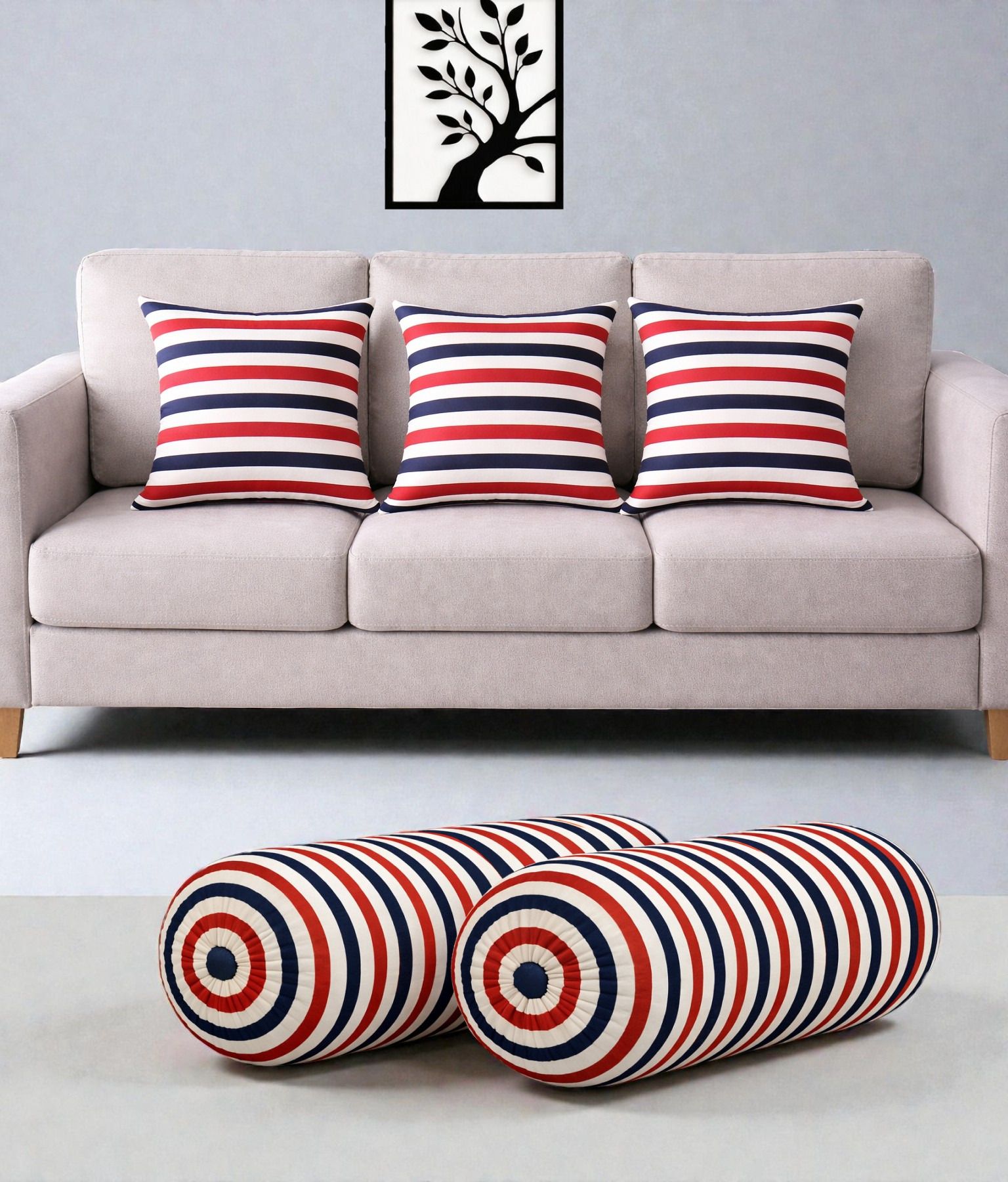 swikon star Microfibre Bolster Pack of 5 Stripes Combo Set Of 3 Cushion And 2 Bolster-picture-1
