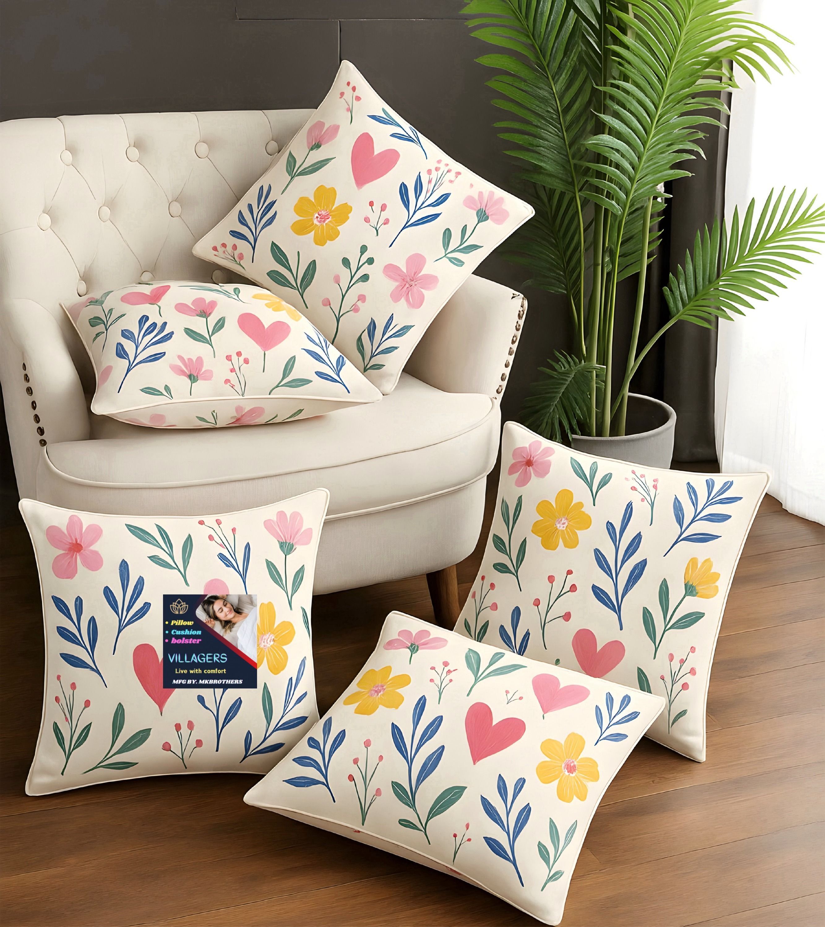 Microfibre Cushion Pack of 5 Floral Premium Cushion Set | (16x16 inch)