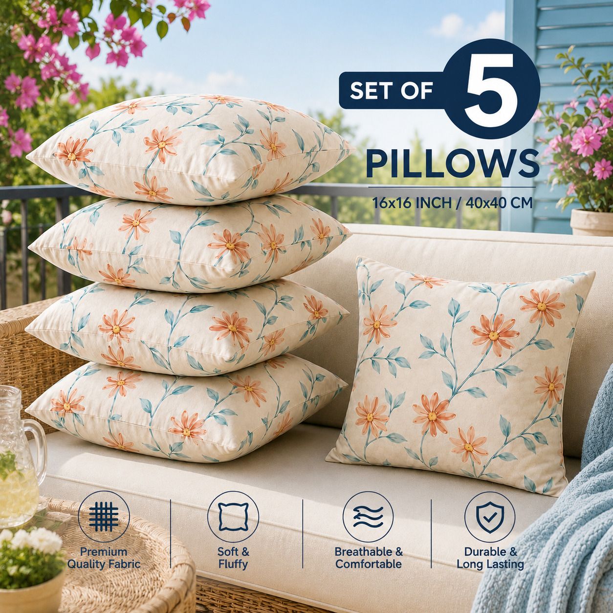 Microfibre Cushion Pack of 5 Floral Premium Cushion Set | (16x16 inch)-image-32