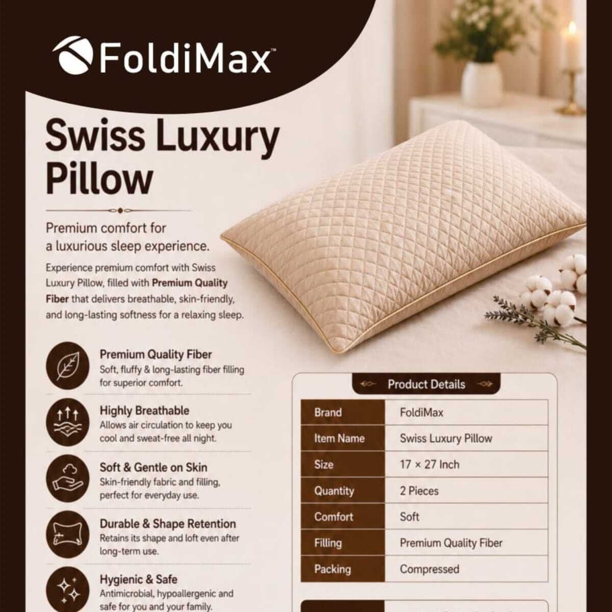 foldimax Hollow Fibre, Polyester Fibre Sleeping Pillow Pack of 2 Solid-picture-13