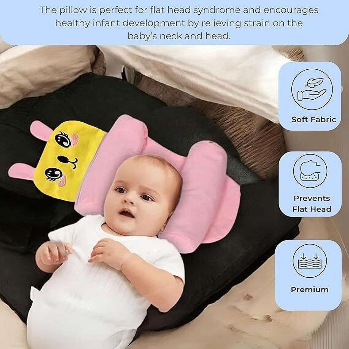 Cotton Baby Pillow Pack of 1 Animals Baby Head Shaping Pillow Neck & Head Support Soft & Breathable for 0–12 Months