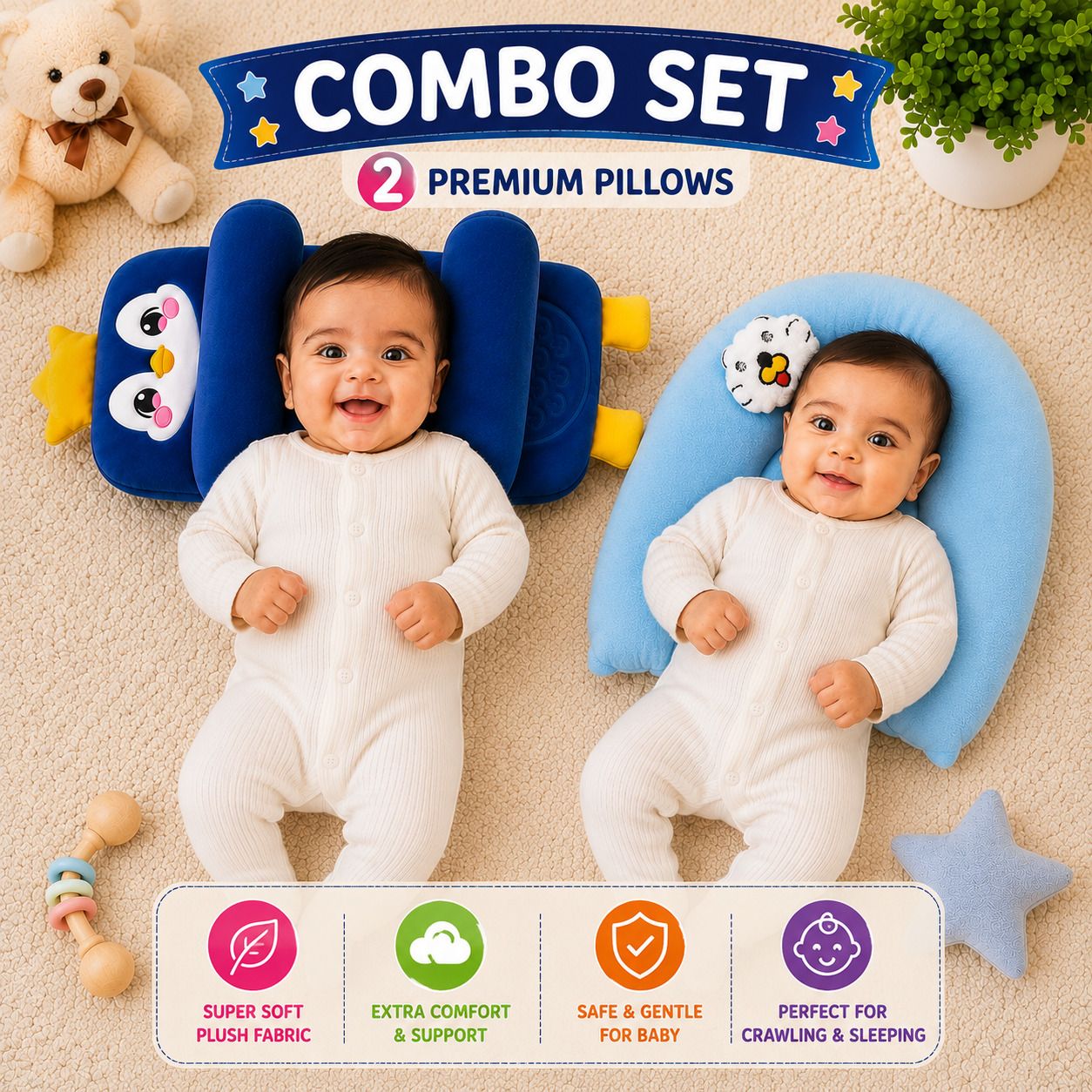Polyester Fibre Baby Pillow Pack of 2 Solid Baby-combo-image-49