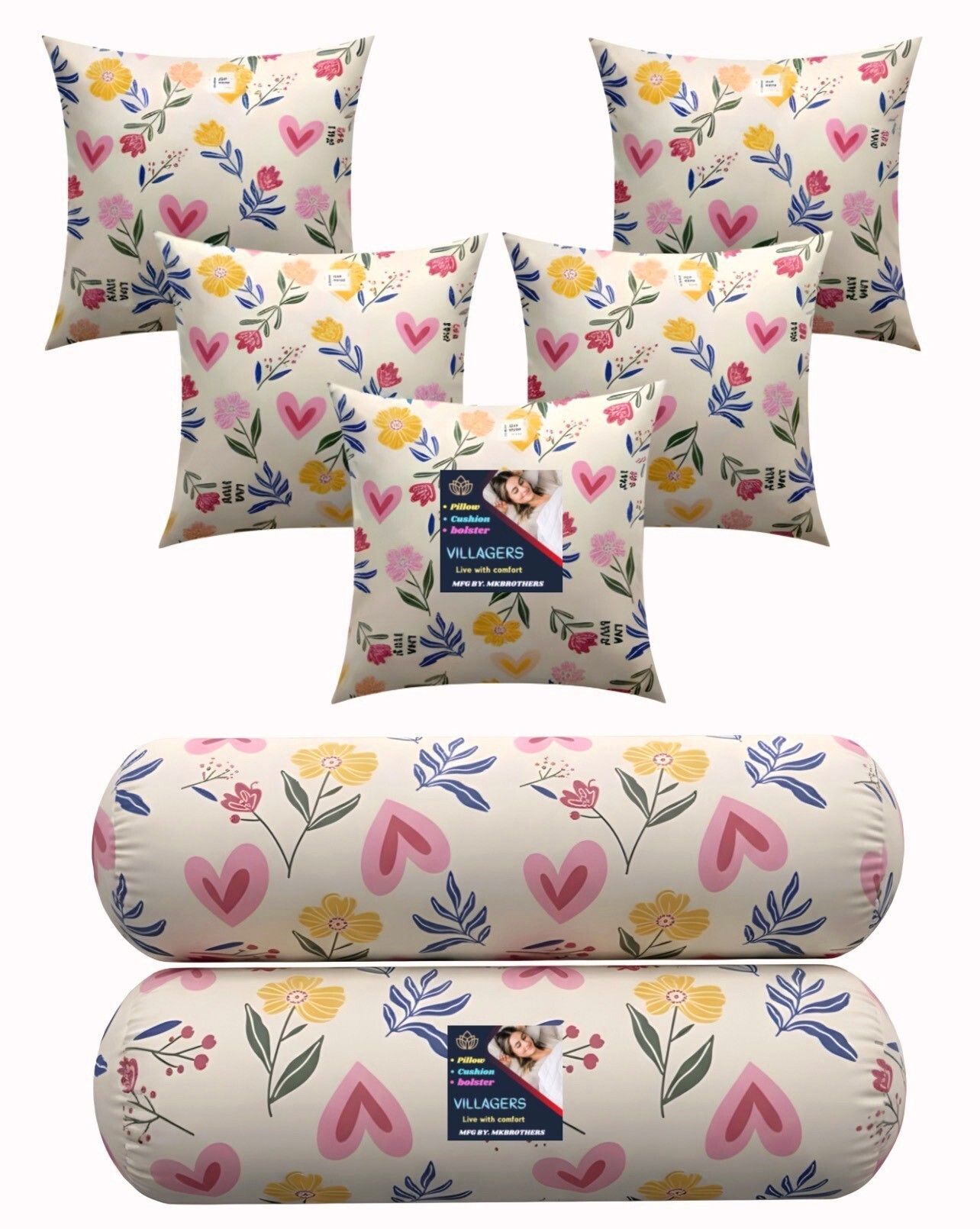 Microfibre Bolster Pack of 7 Floral 5 Cushion and 2 Bolster-image-32