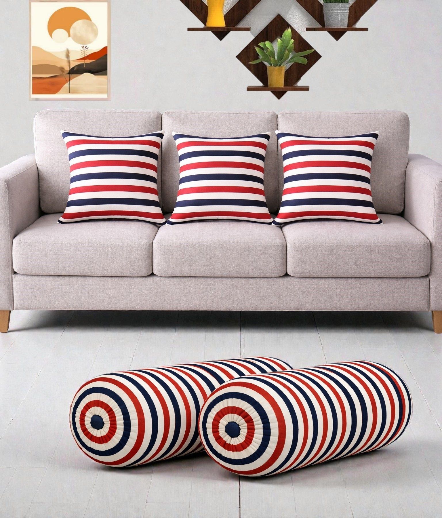 swikon star Microfibre Bolster Pack of 5 Stripes Combo Set Of 3 Cushion And 2 Bolster-picture-46